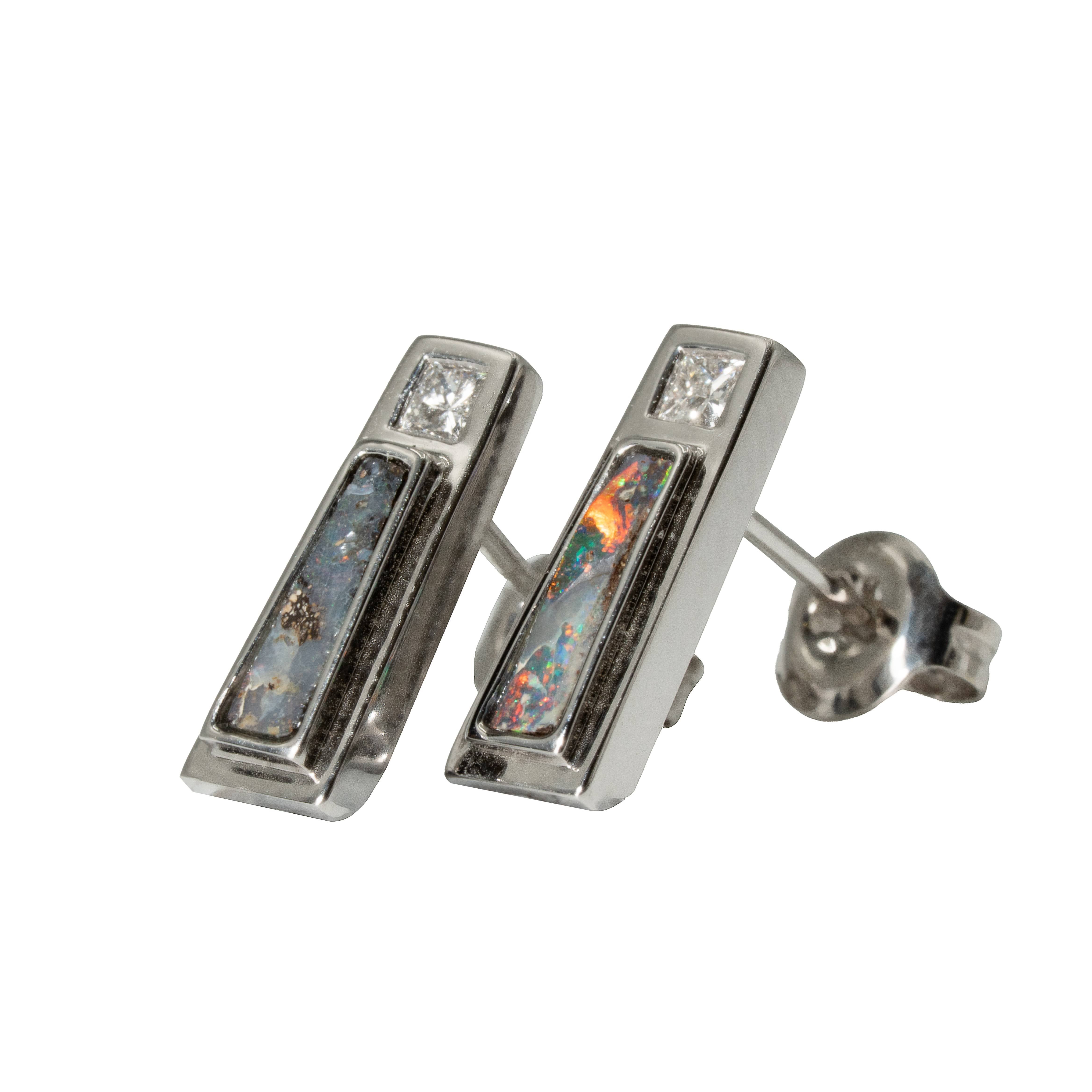 Boulder Opal Earrings in 14K White Gold - Multicolour