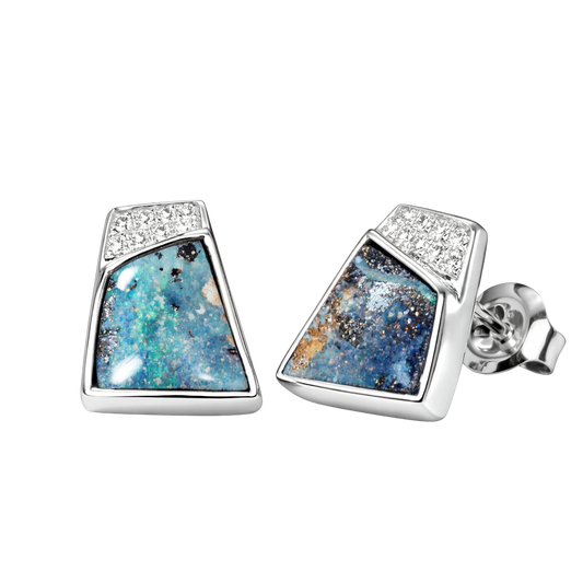 Boulder Opal Earrings in 14K White Gold - Multicolour - Australian Opal Cutters and Pearl Divers