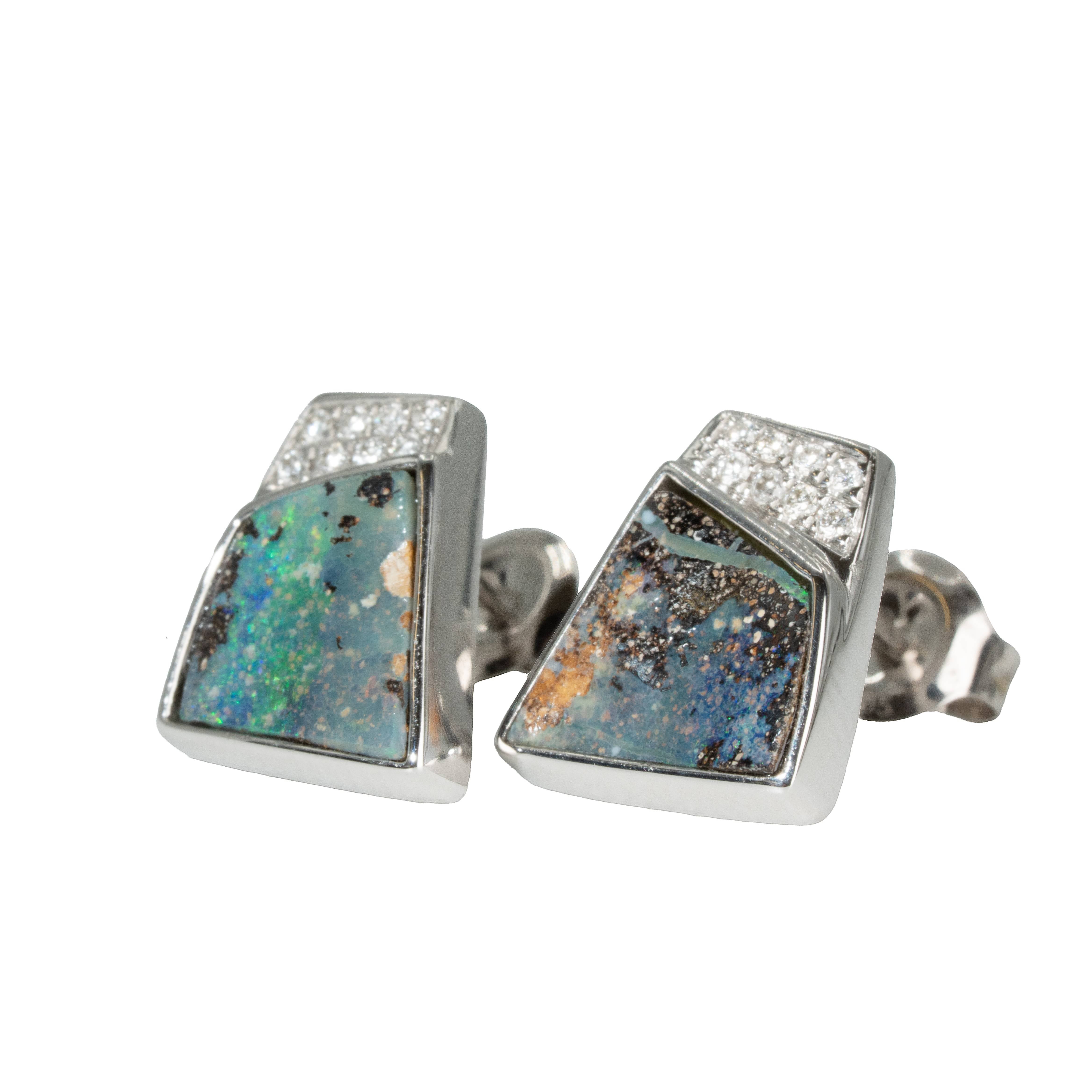 Boulder Opal Earrings in 14K White Gold - Multicolour