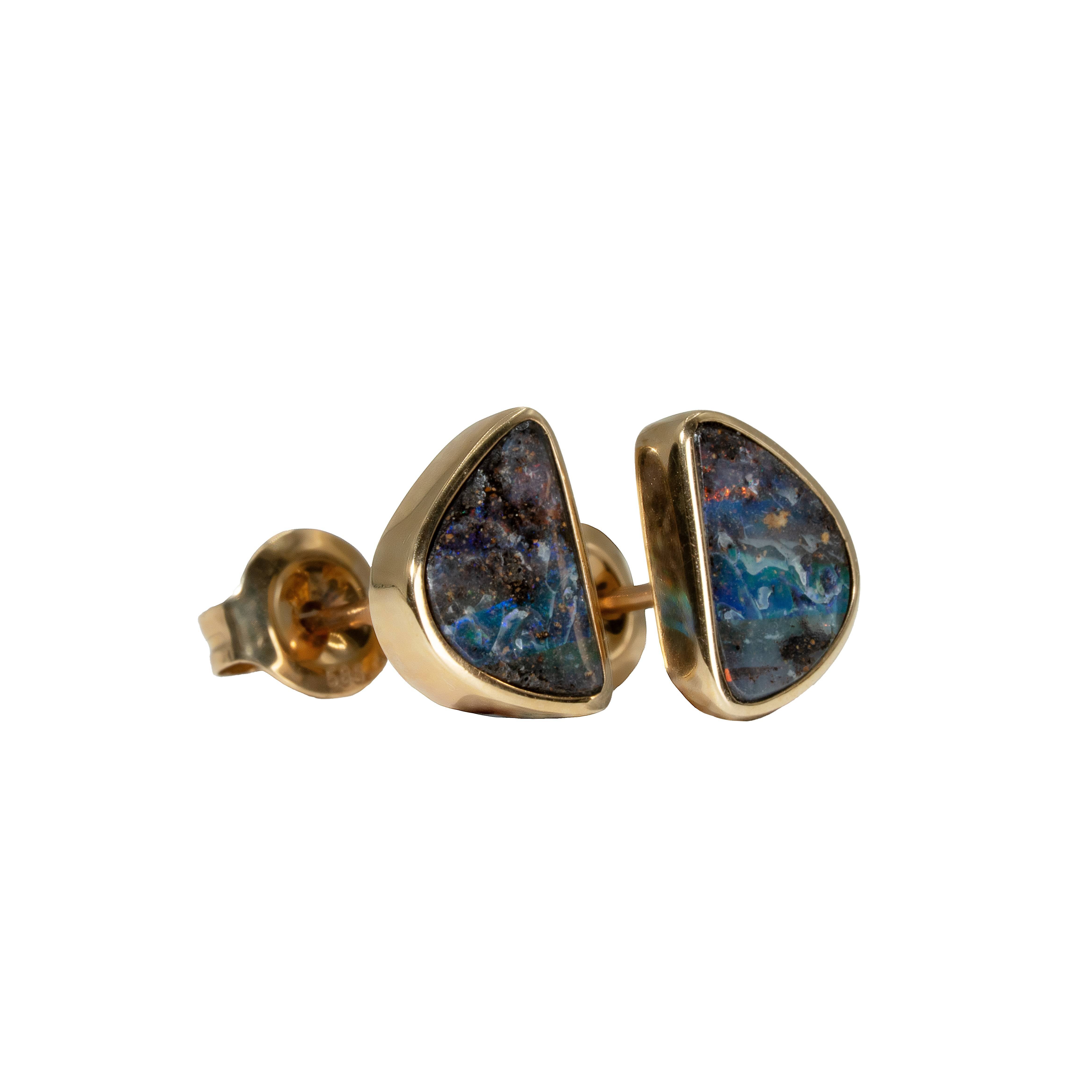 Boulder Opal Earrings in 14K Yellow Gold - Multicolour