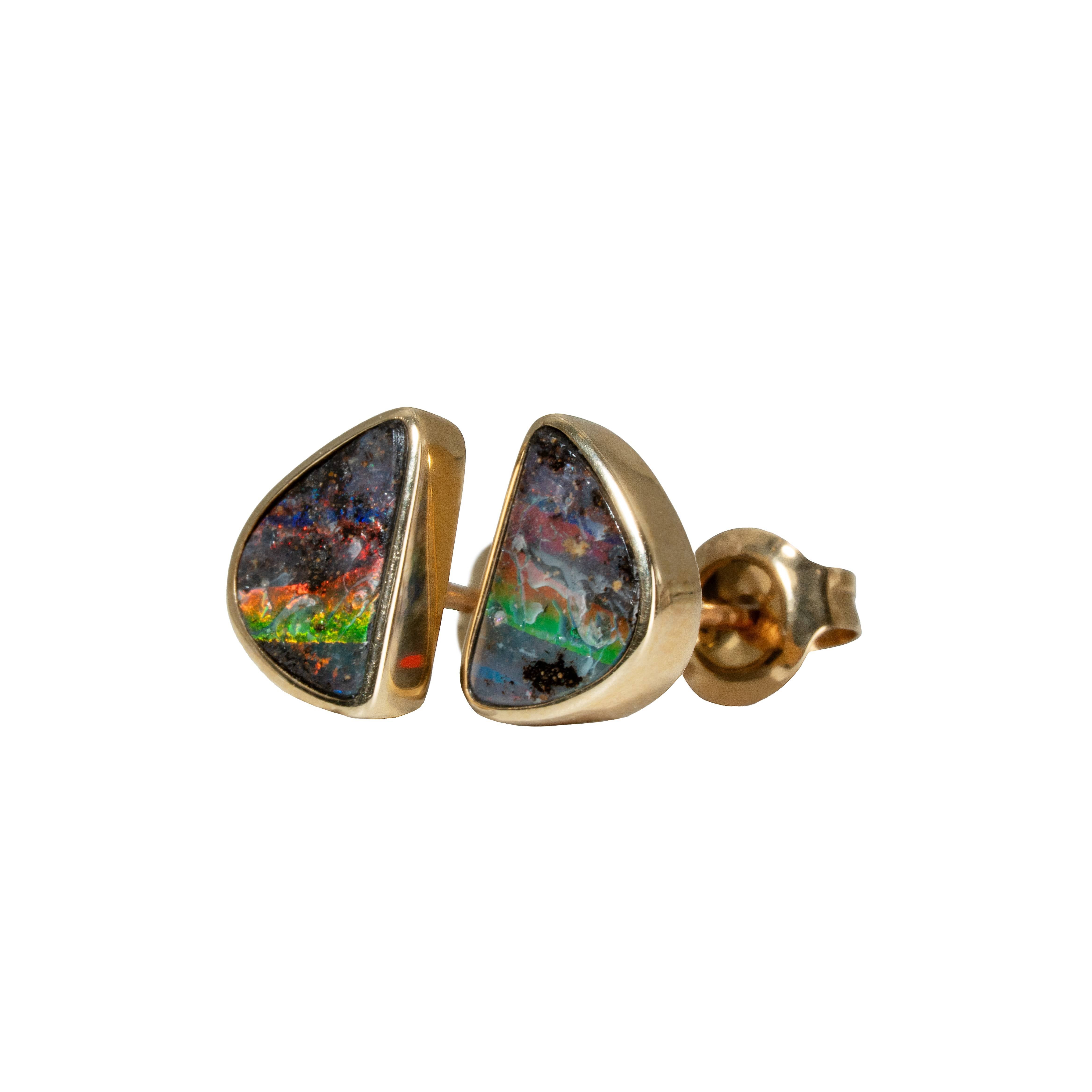 Boulder Opal Earrings in 14K Yellow Gold - Multicolour