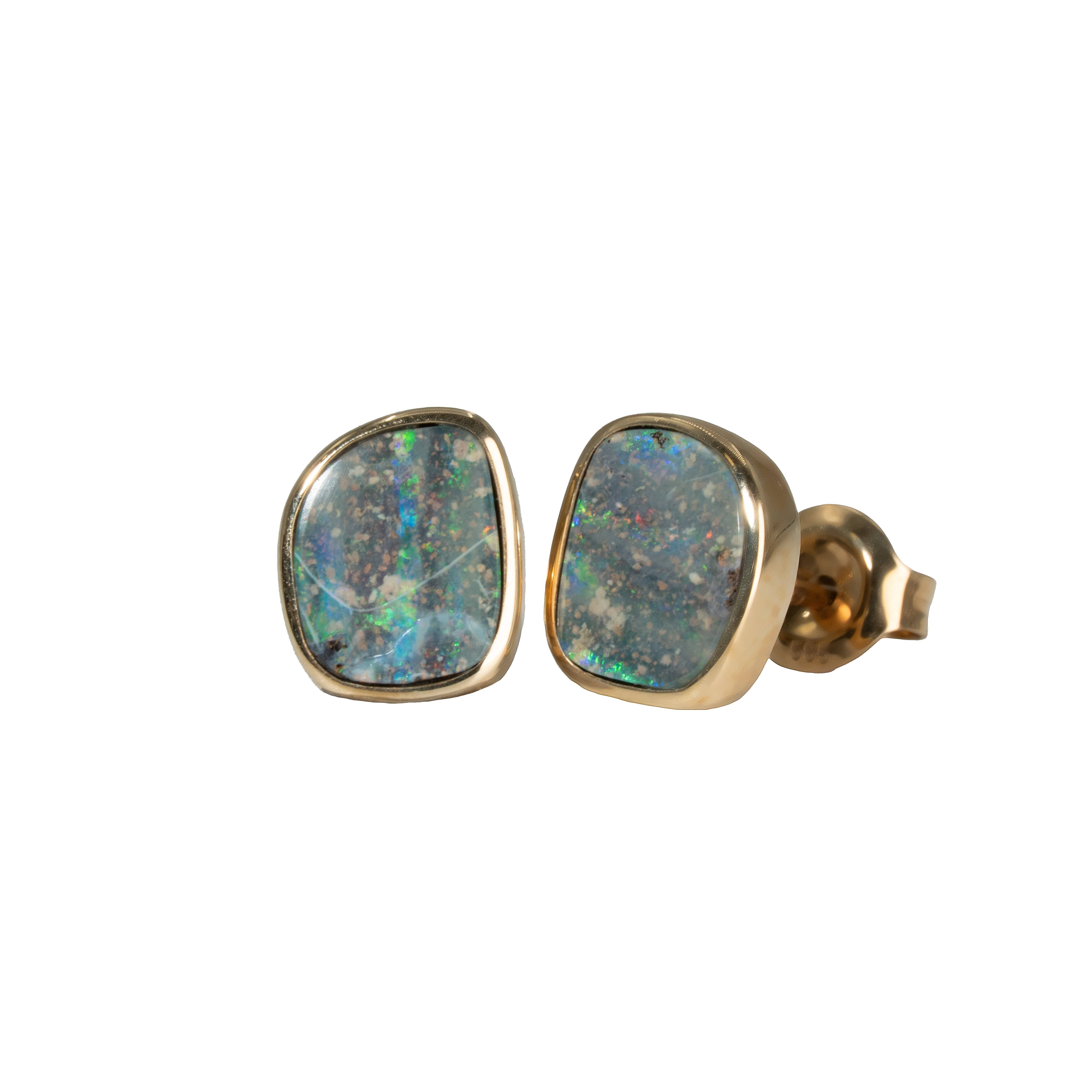 Boulder Opal Earrings in 14K Yellow Gold - Multicolour