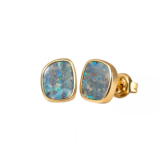 Boulder Opal Earrings in 14K Yellow Gold - Multicolour - Australian Opal Cutters and Pearl Divers