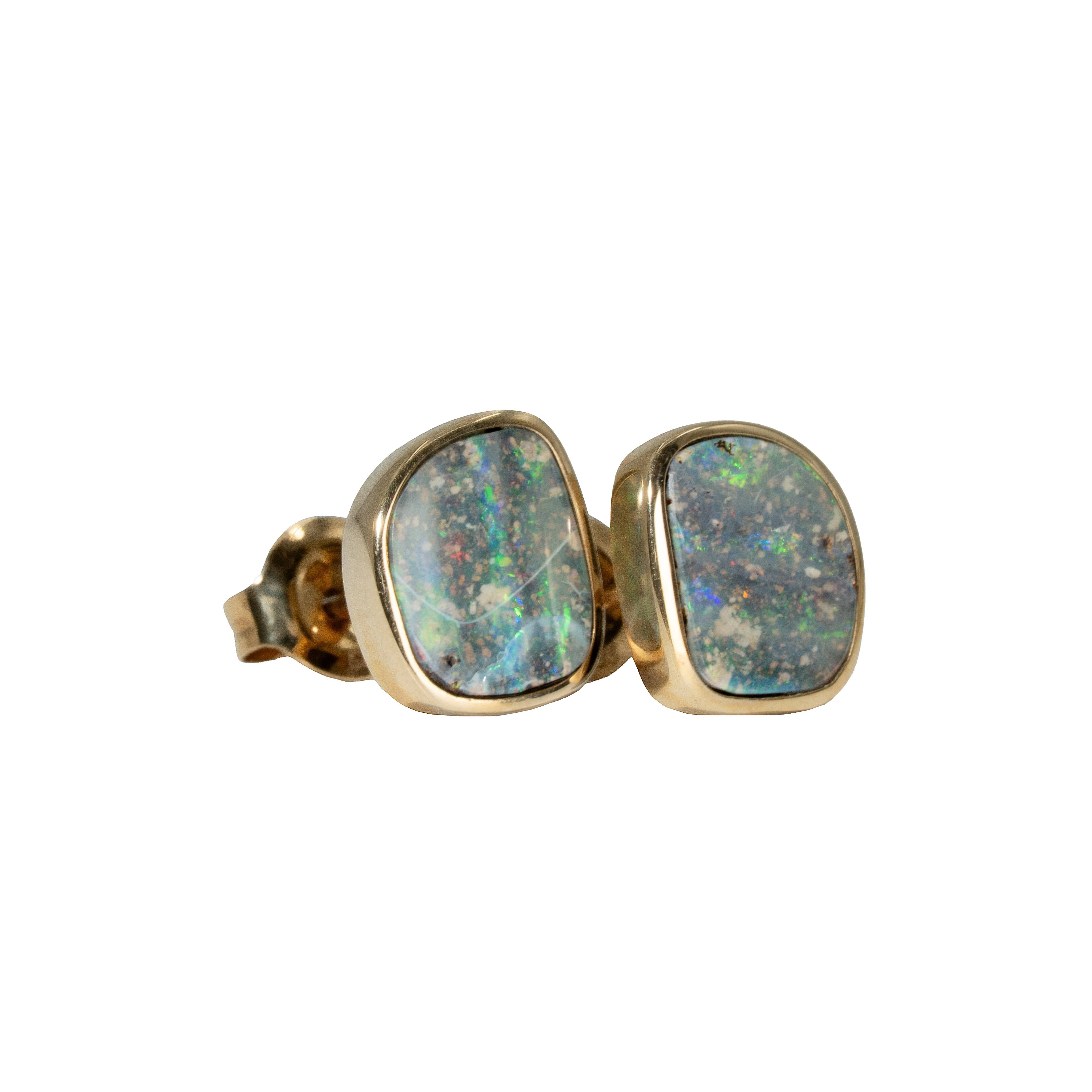 Boulder Opal Earrings in 14K Yellow Gold - Multicolour