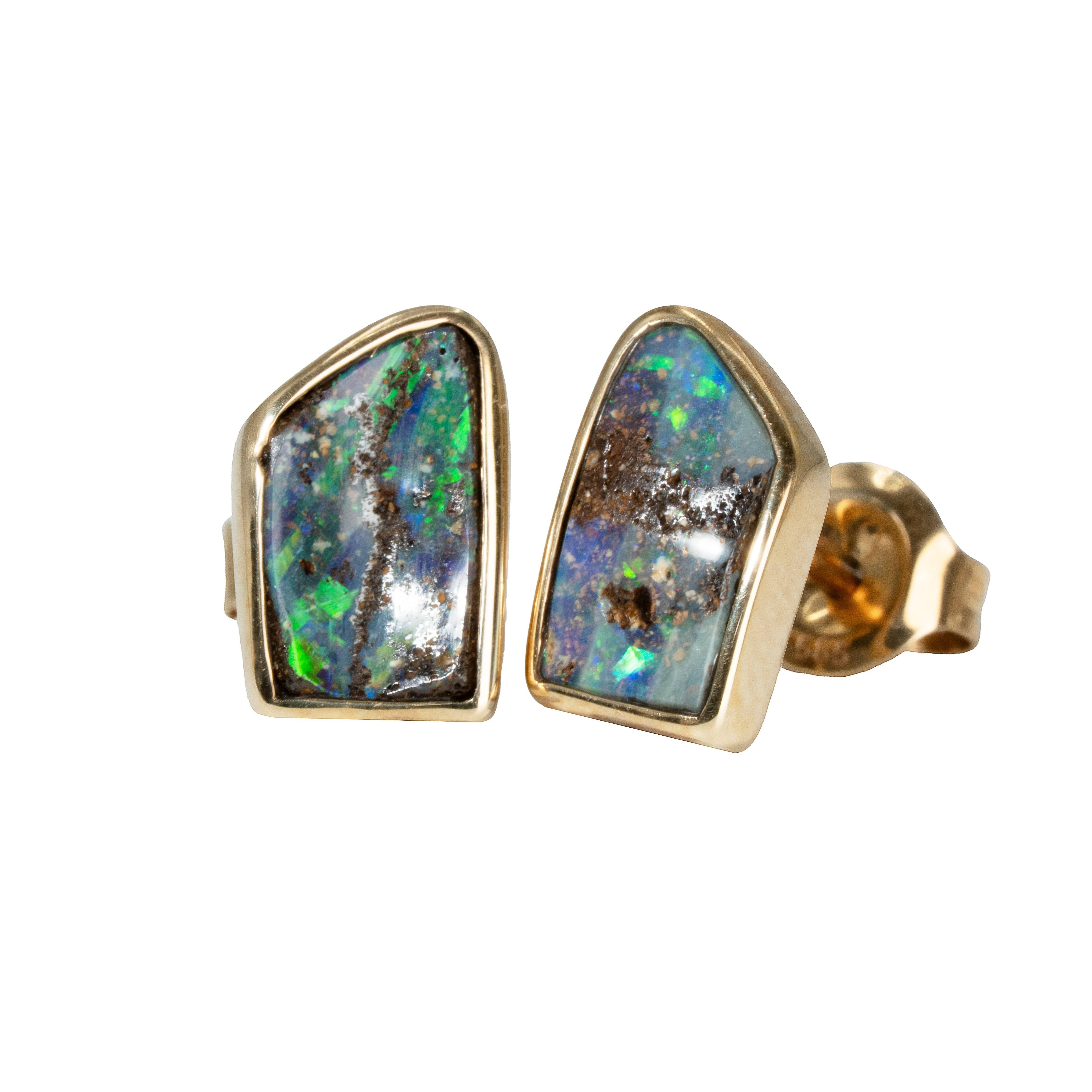 Boulder Opal Earrings in 14K Yellow Gold - Green-Blue
