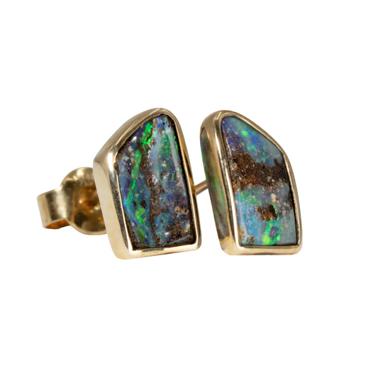 Boulder Opal Earrings in 14K Yellow Gold - Green-Blue