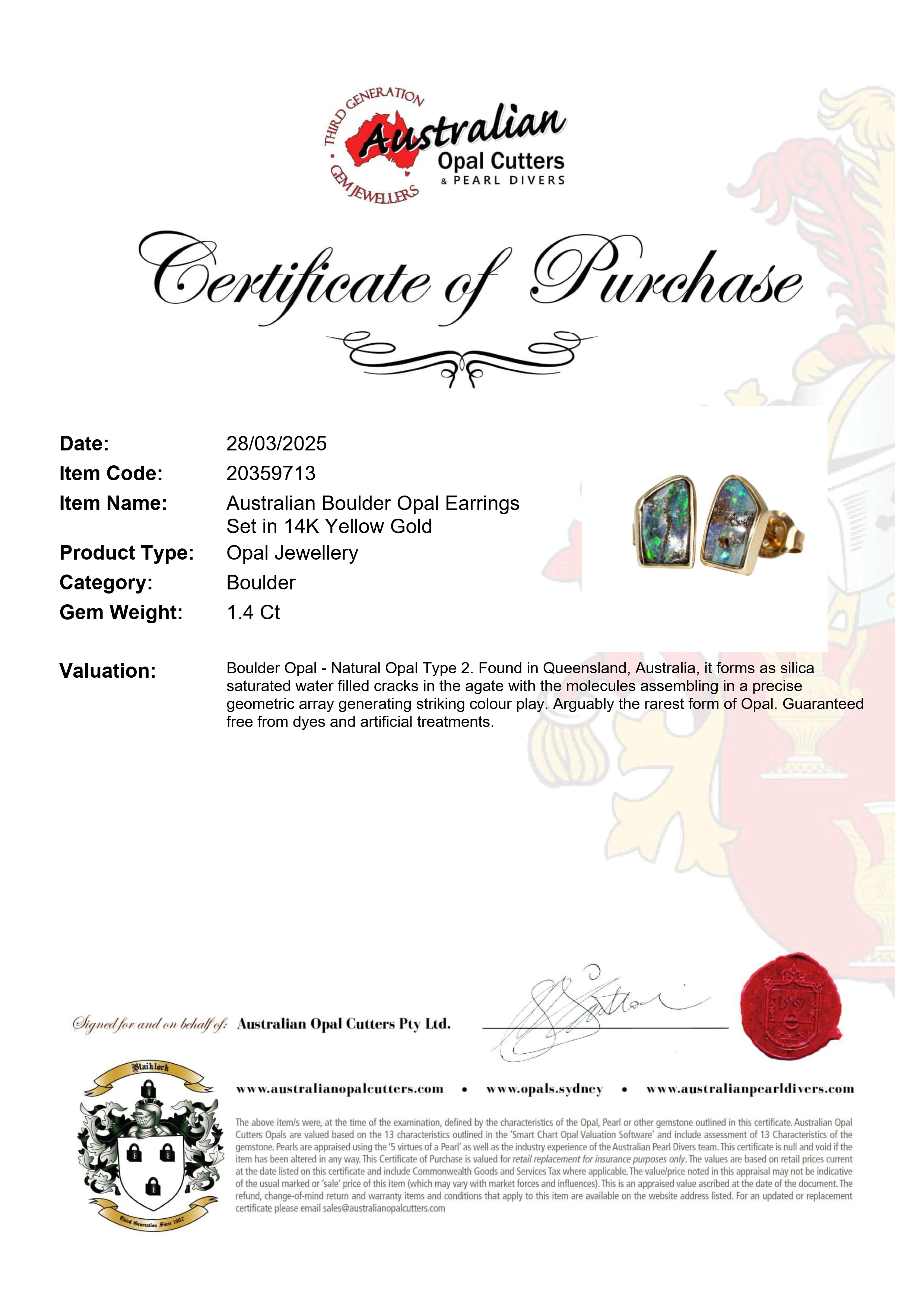 Boulder Opal Earrings in 14K Yellow Gold - Green-Blue