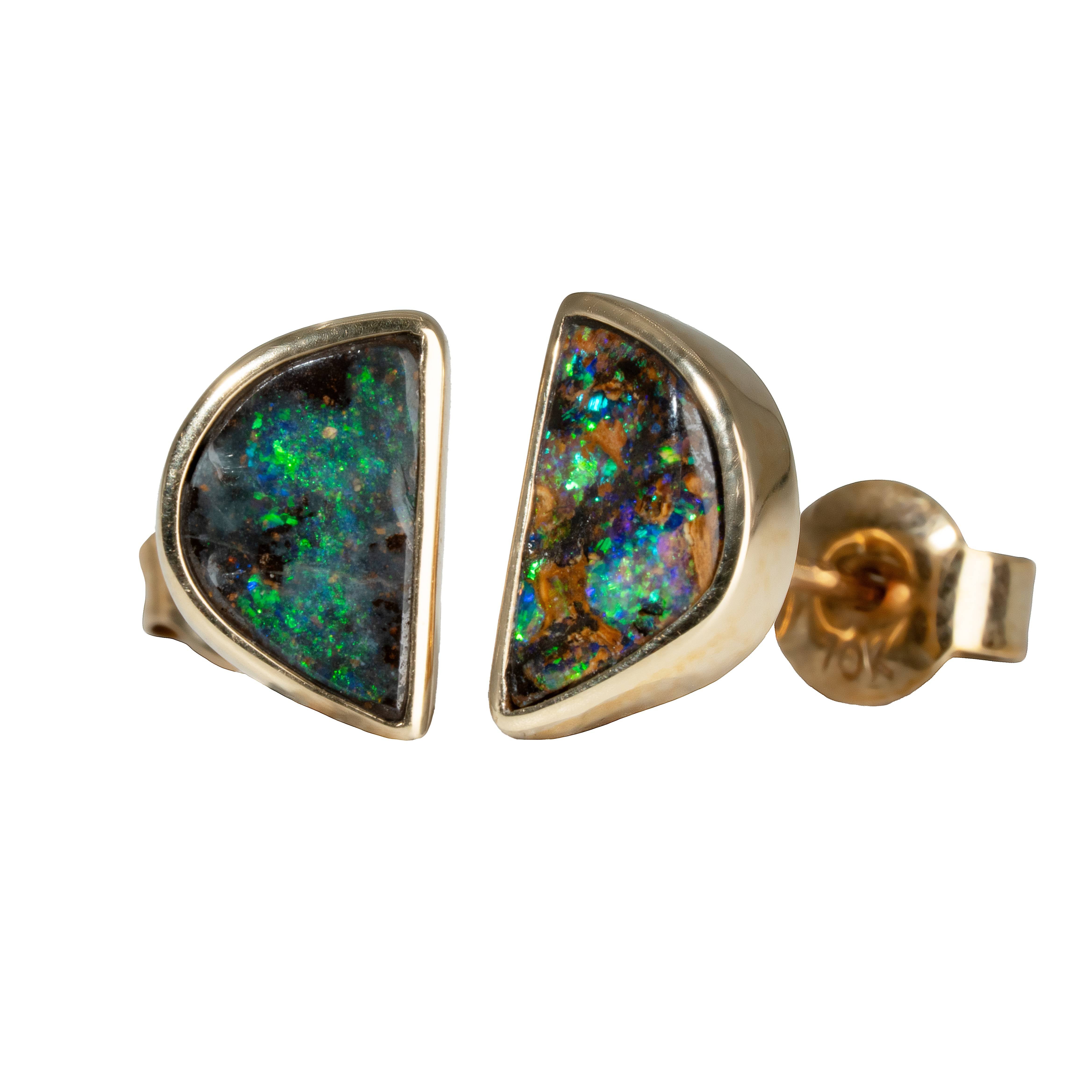 Boulder Opal Earrings in 14K Yellow Gold - Green-Blue