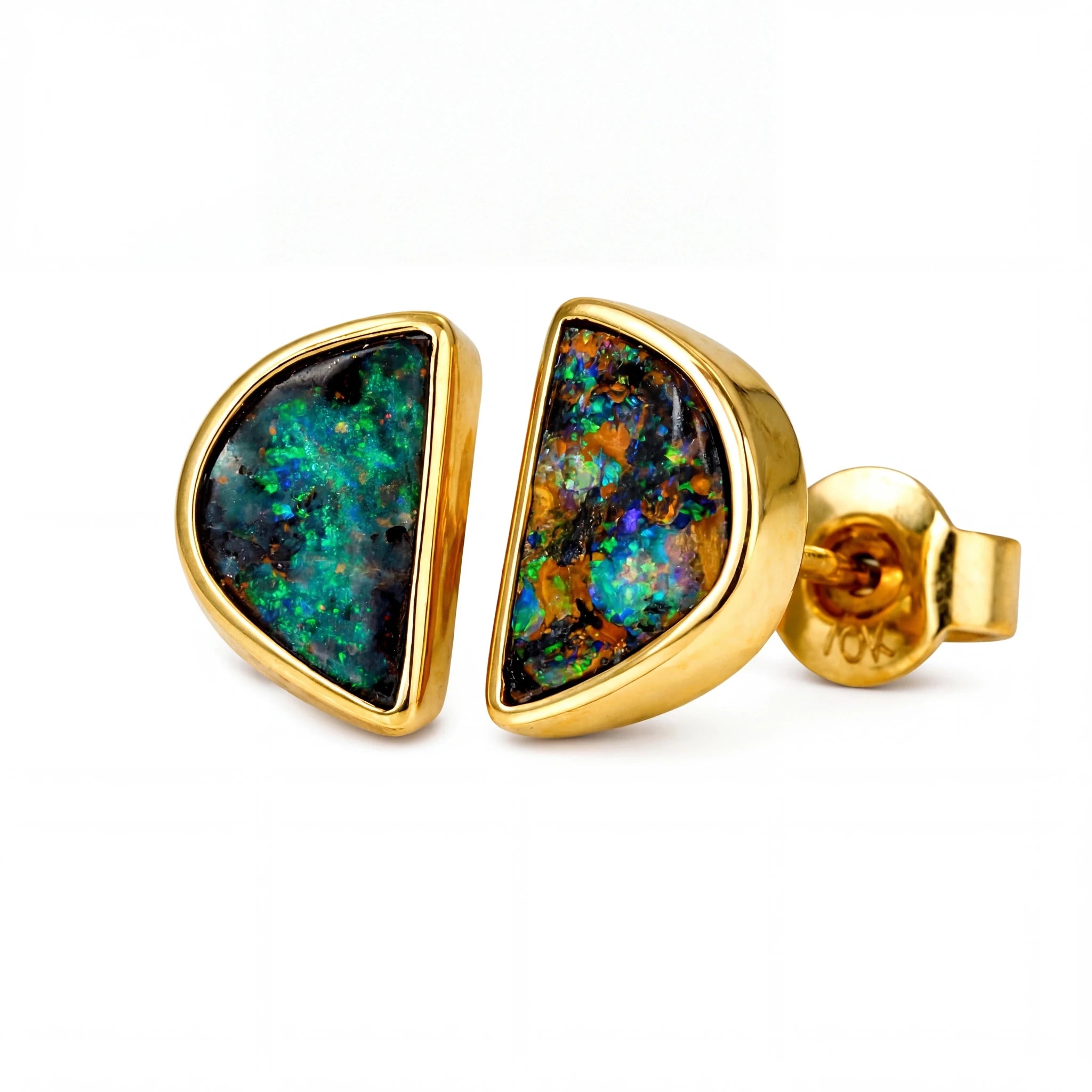 Boulder Opal Earrings in 14K Yellow Gold - Green-Blue - Australian Opal Cutters and Pearl Divers