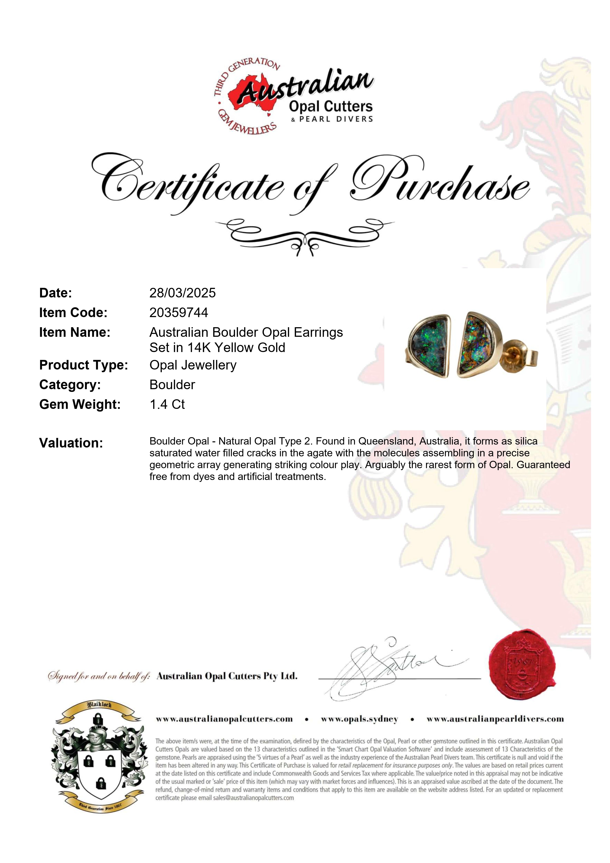 Boulder Opal Earrings in 14K Yellow Gold - Green-Blue