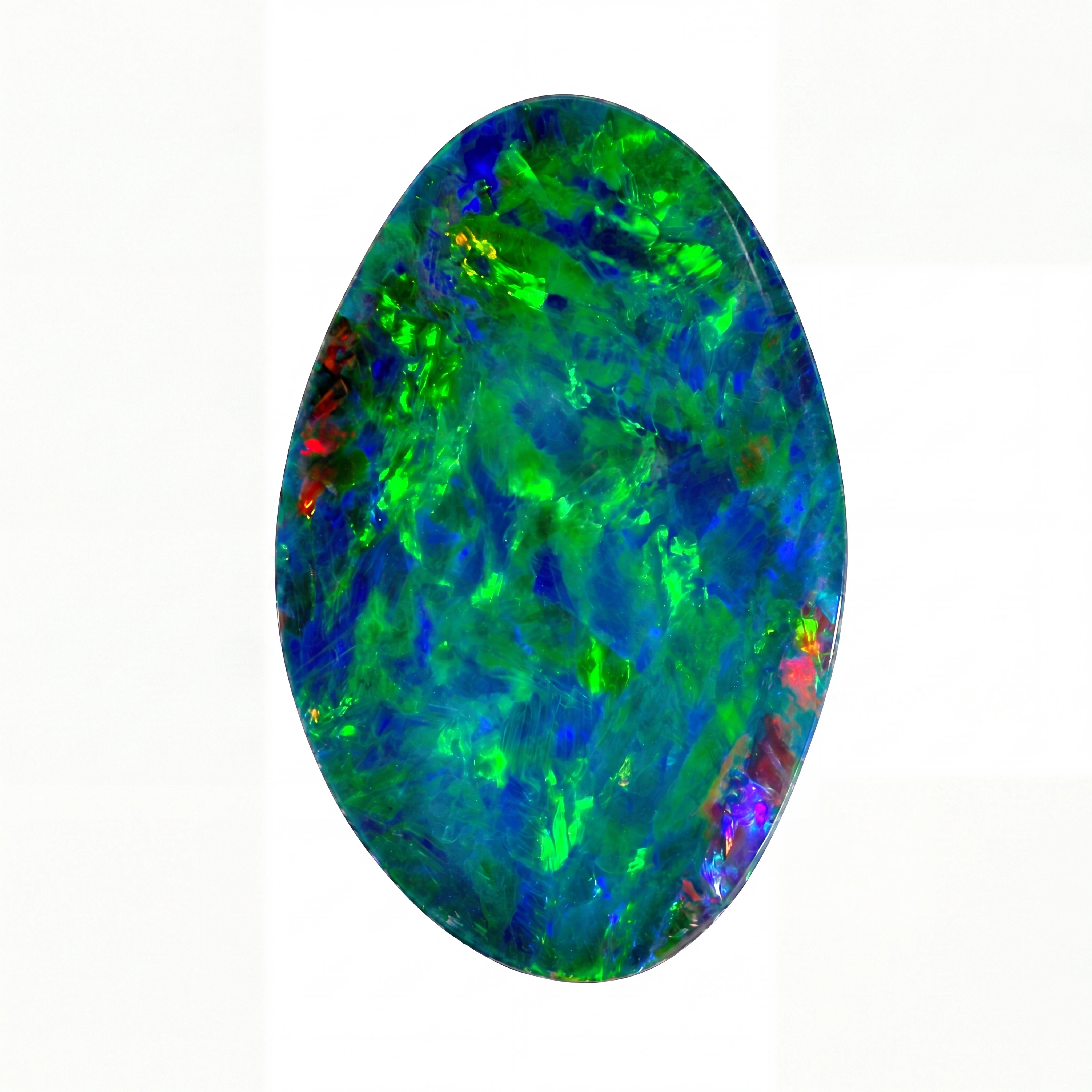 A polished oval-cut opal gemstone displaying vibrant iridescent colours including green, blue, and hints of red and purple, set against a plain white background.