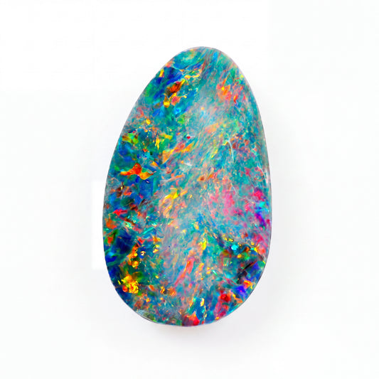 A teardrop-shaped natural opal gemstone displaying a vibrant mix of blue, green, orange, yellow, pink, and red iridescent colors on a solid white background.
