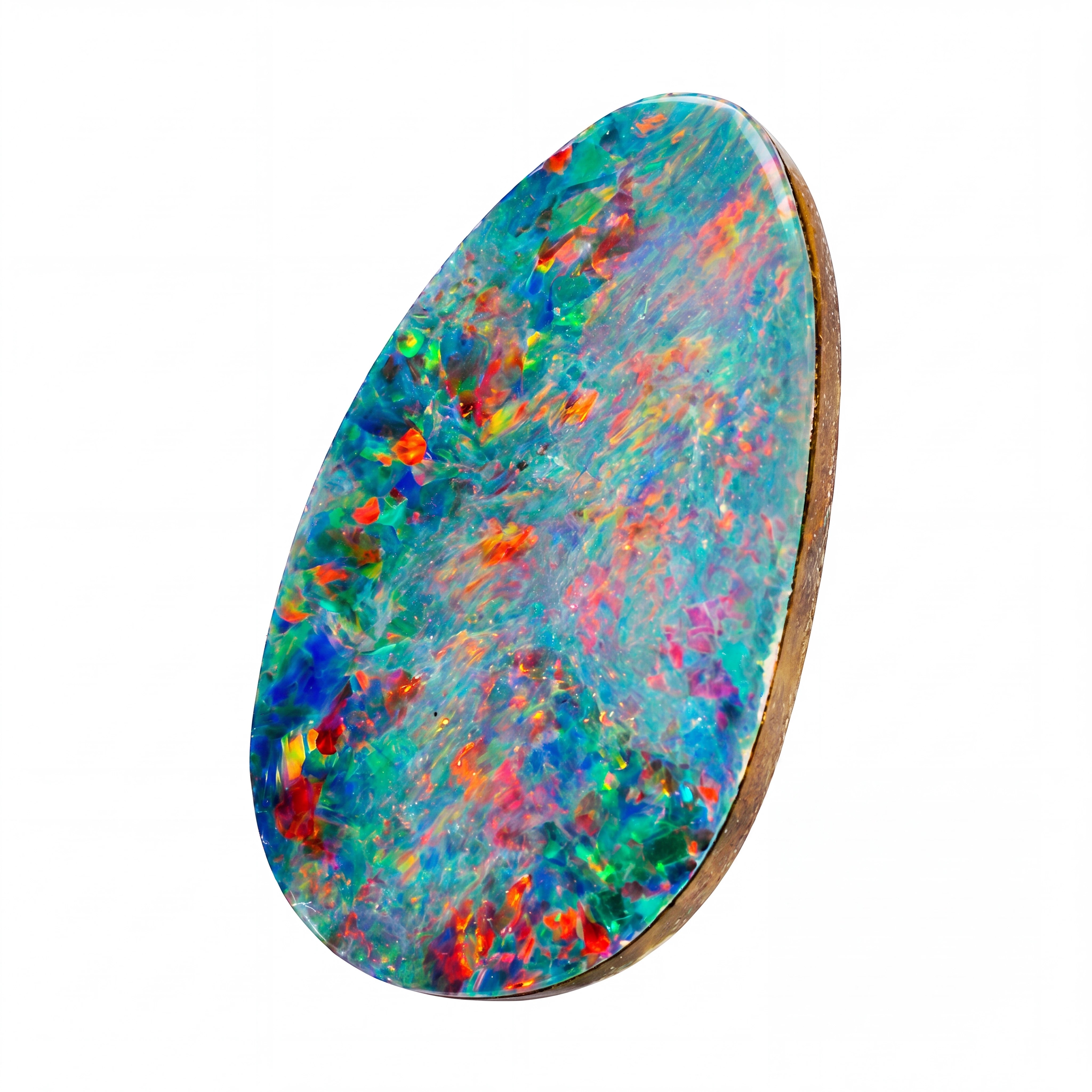 A single oval opal stone with a natural rough wood backing, displayed on a clean white background.