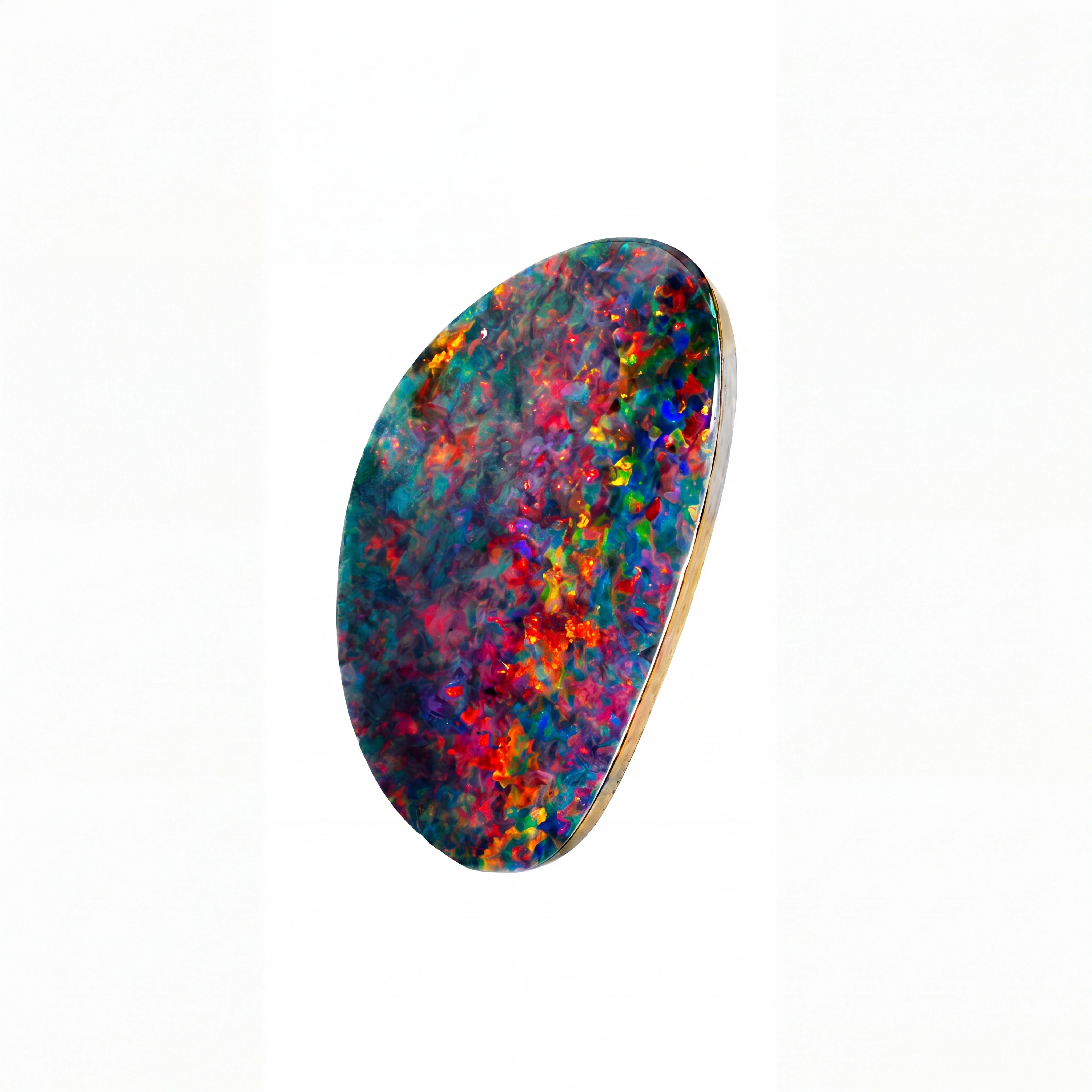 A teardrop-shaped opal gemstone with vibrant multicolour play-of-colour, set in a polished gold bezel, shown on a solid white background.