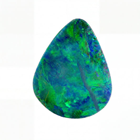 A teardrop-shaped loose opal gemstone displaying vibrant green, blue, and orange flashes, set against a solid black background.
