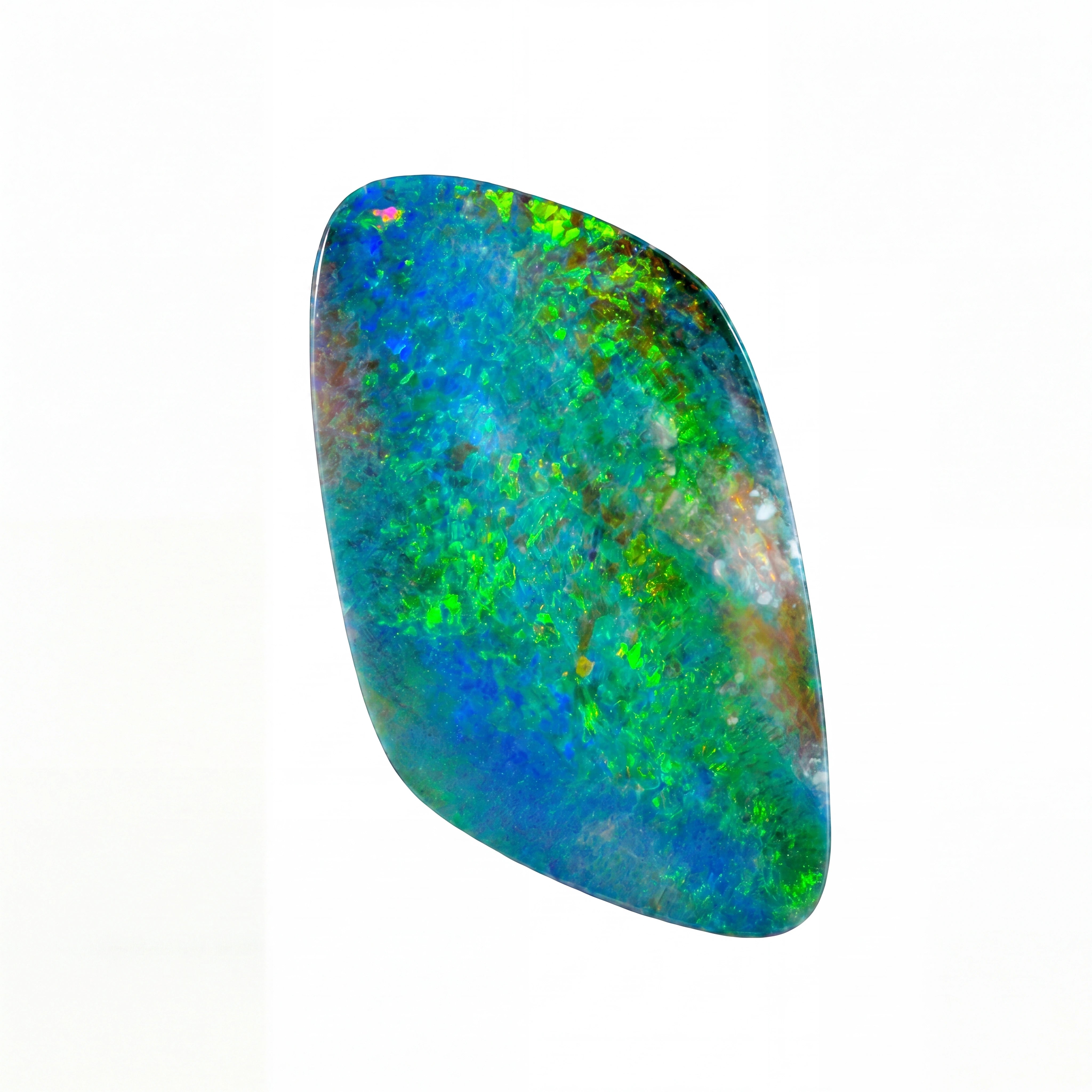 A polished cabochon opal gemstone with vibrant iridescent colours of green, blue, and hints of yellow and orange, set against a plain white background.