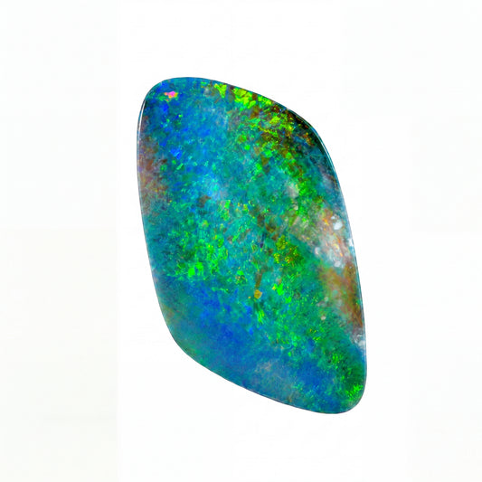 A polished cabochon opal gemstone with vibrant iridescent colours of green, blue, and hints of yellow and orange, set against a plain white background.
