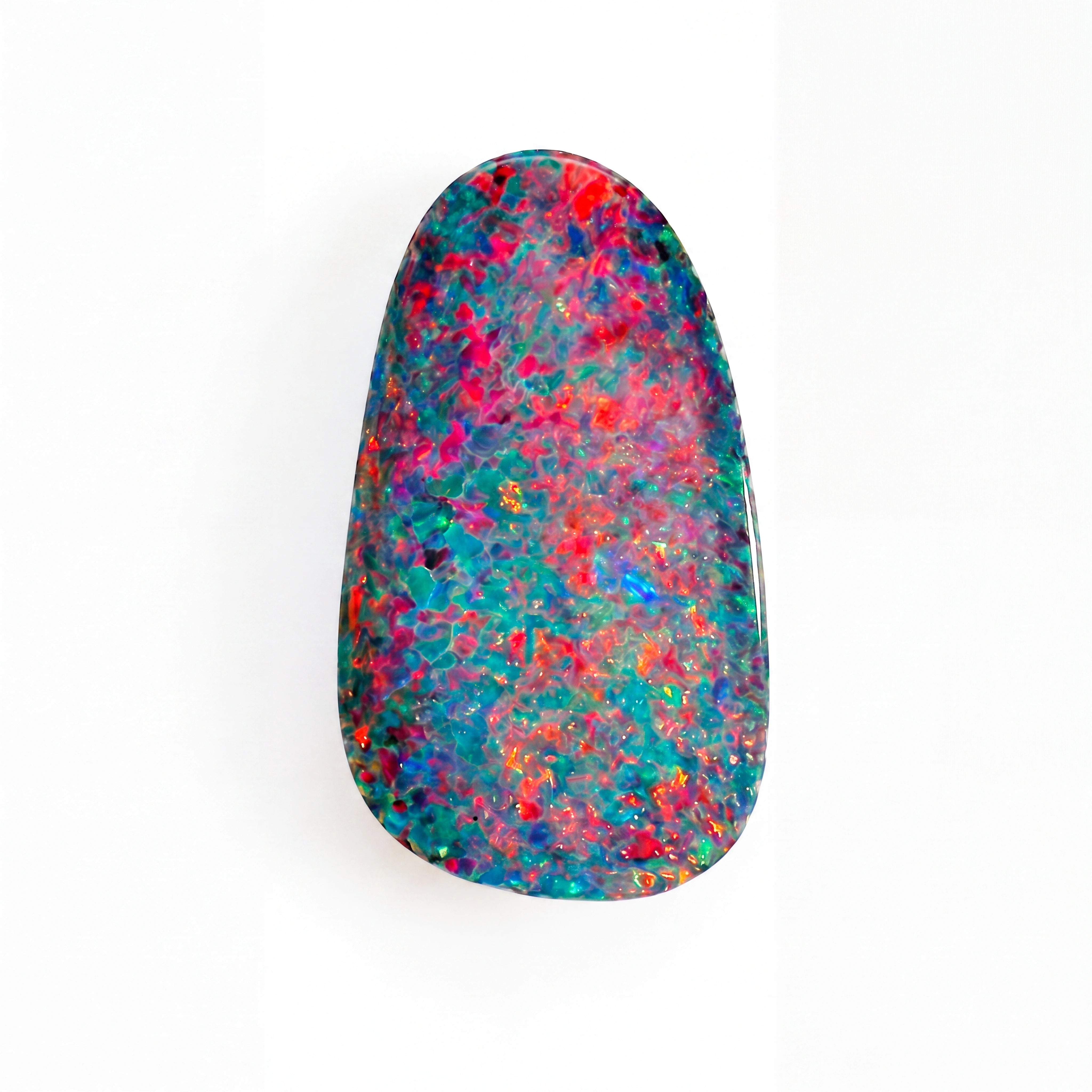 A teardrop-shaped opal gemstone with a vibrant, multicoloured play-of-colour pattern featuring turquoise, pink, red, and blue, displayed on a clean white background.