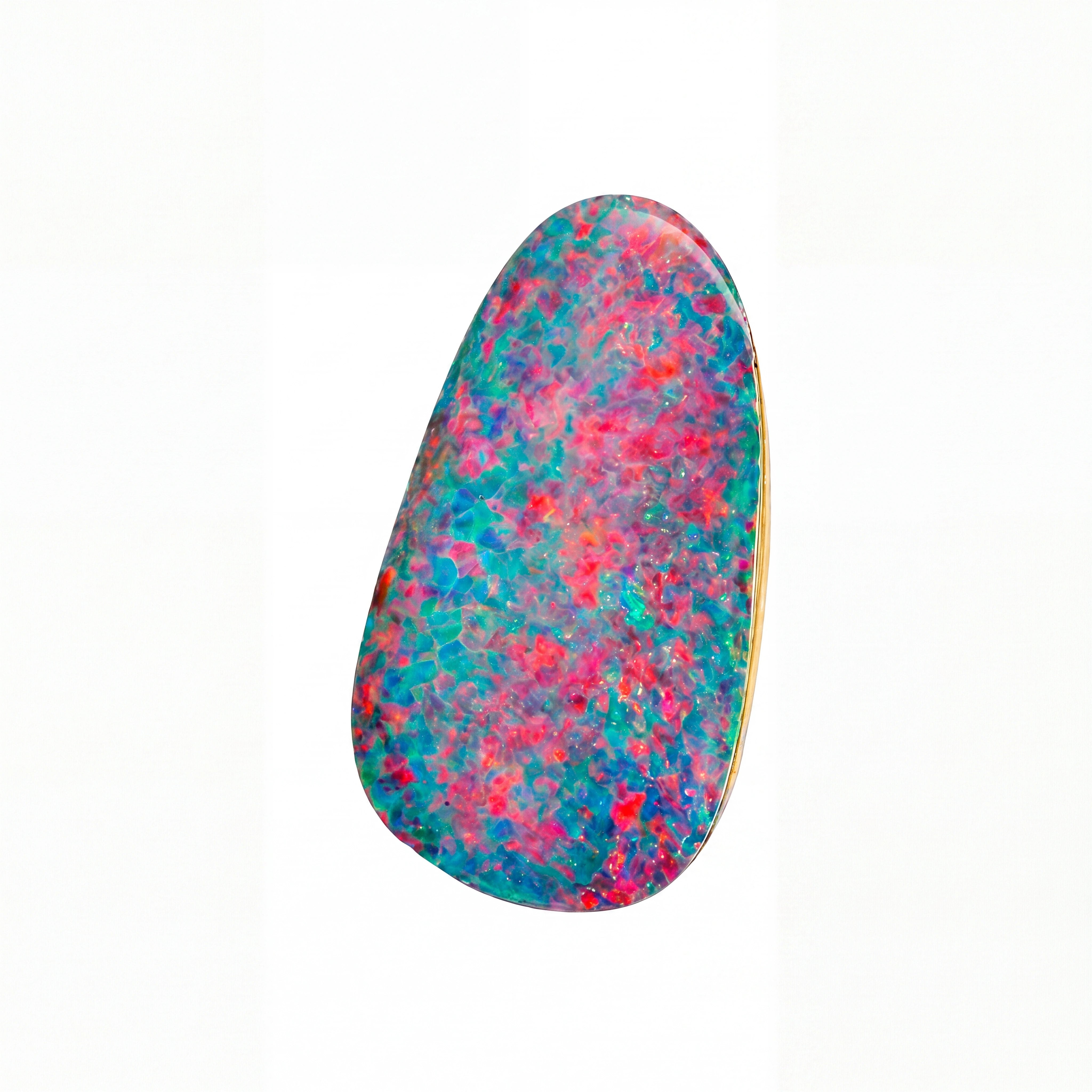 A polished teardrop-shaped opal gemstone featuring a vibrant multicolour play-of-colour pattern with bright pink, teal blue, and green hues, displayed on a clean white background.