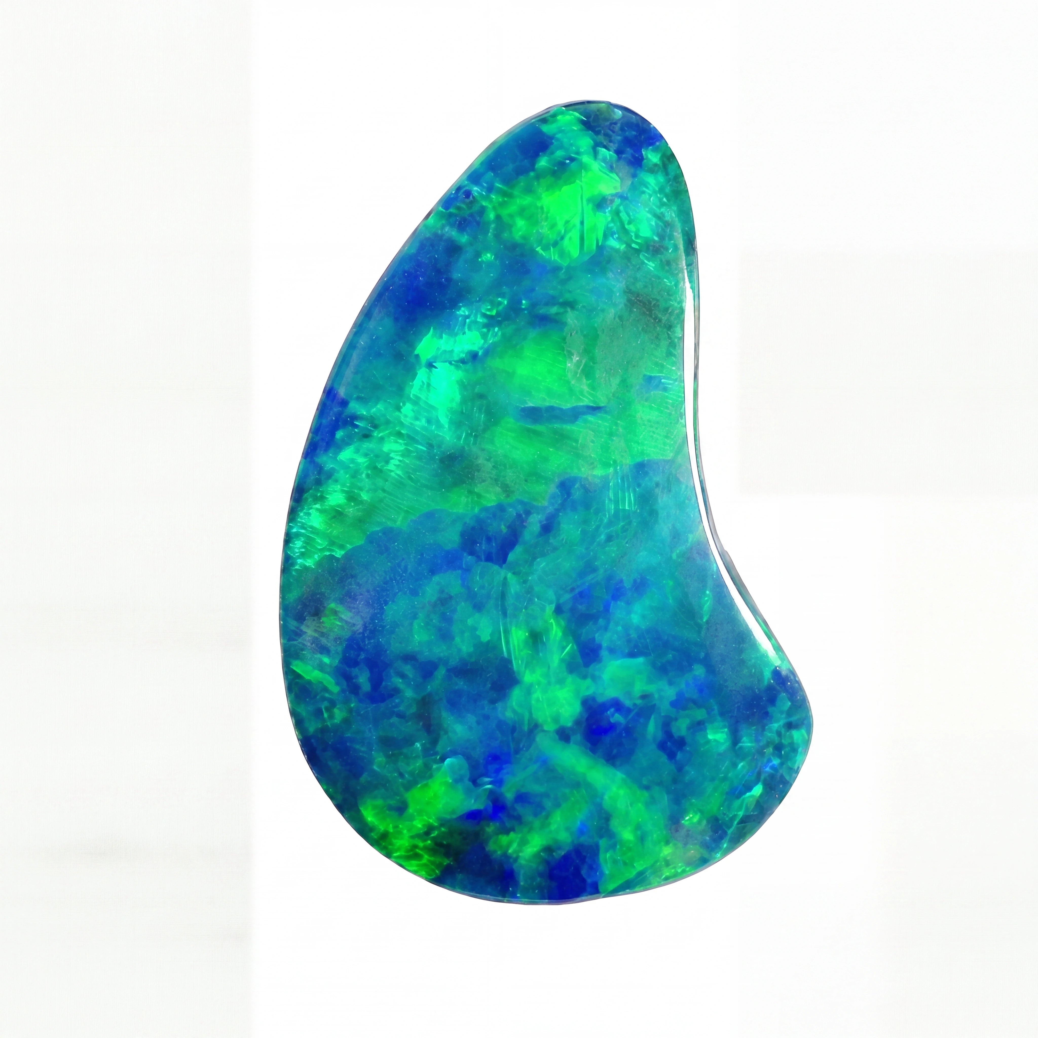 A teardrop-shaped loose opal gemstone with vibrant green, blue, and purple iridescent play-of-colour on a plain white background.