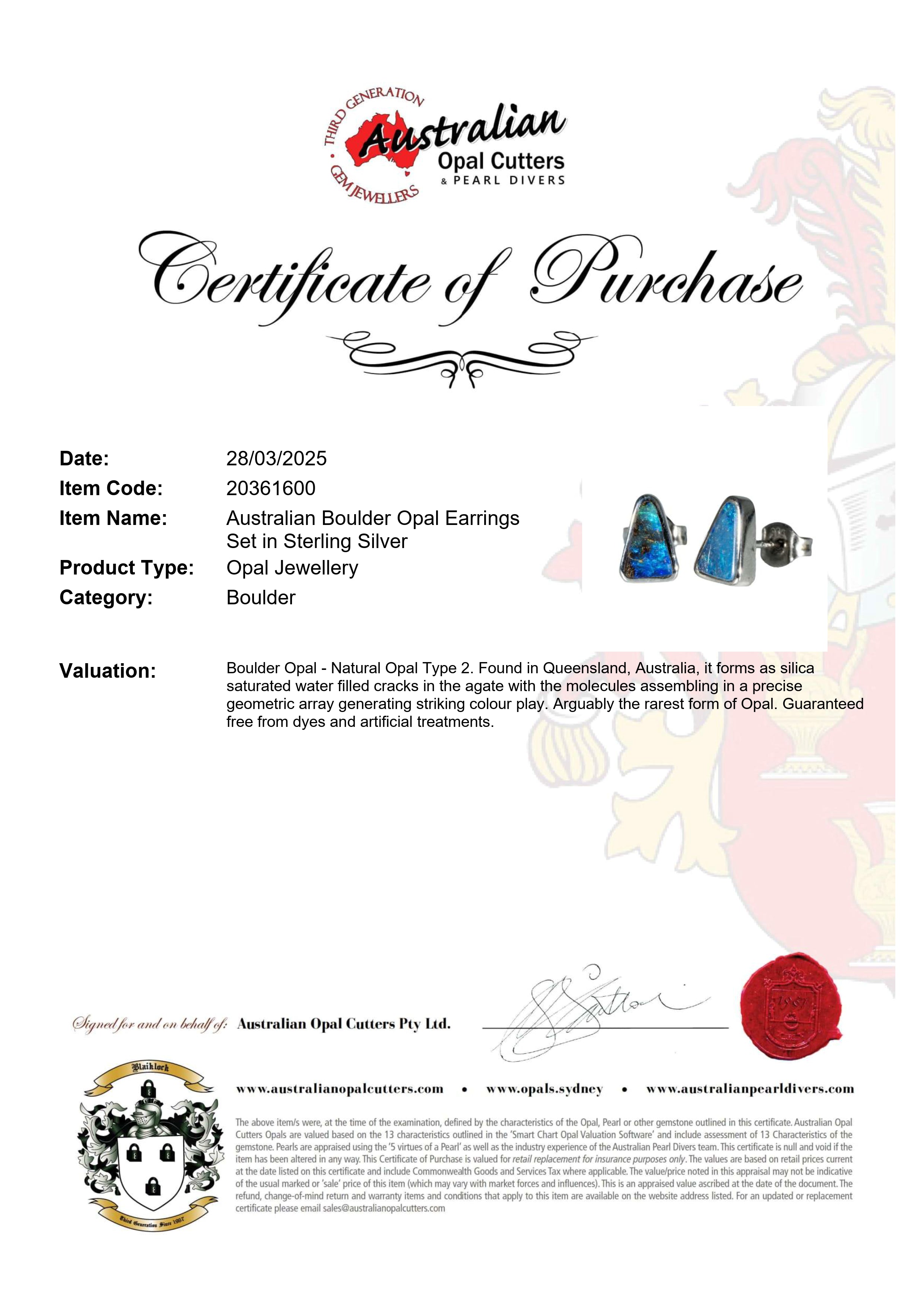 Boulder Opal Earrings in 925 Sterling Silver - Green-Blue