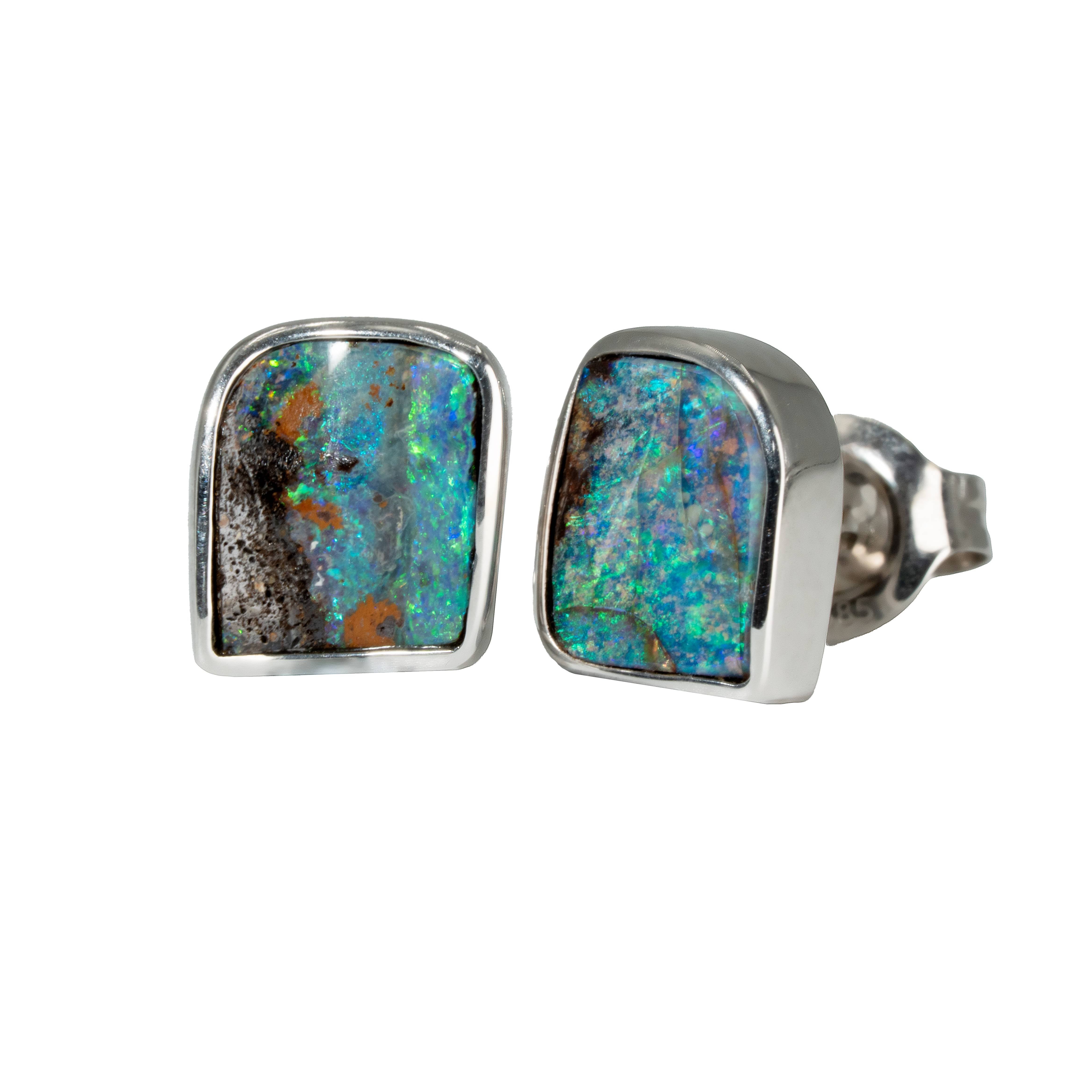 Boulder Opal Earrings in 14K White Gold - Green-Blue