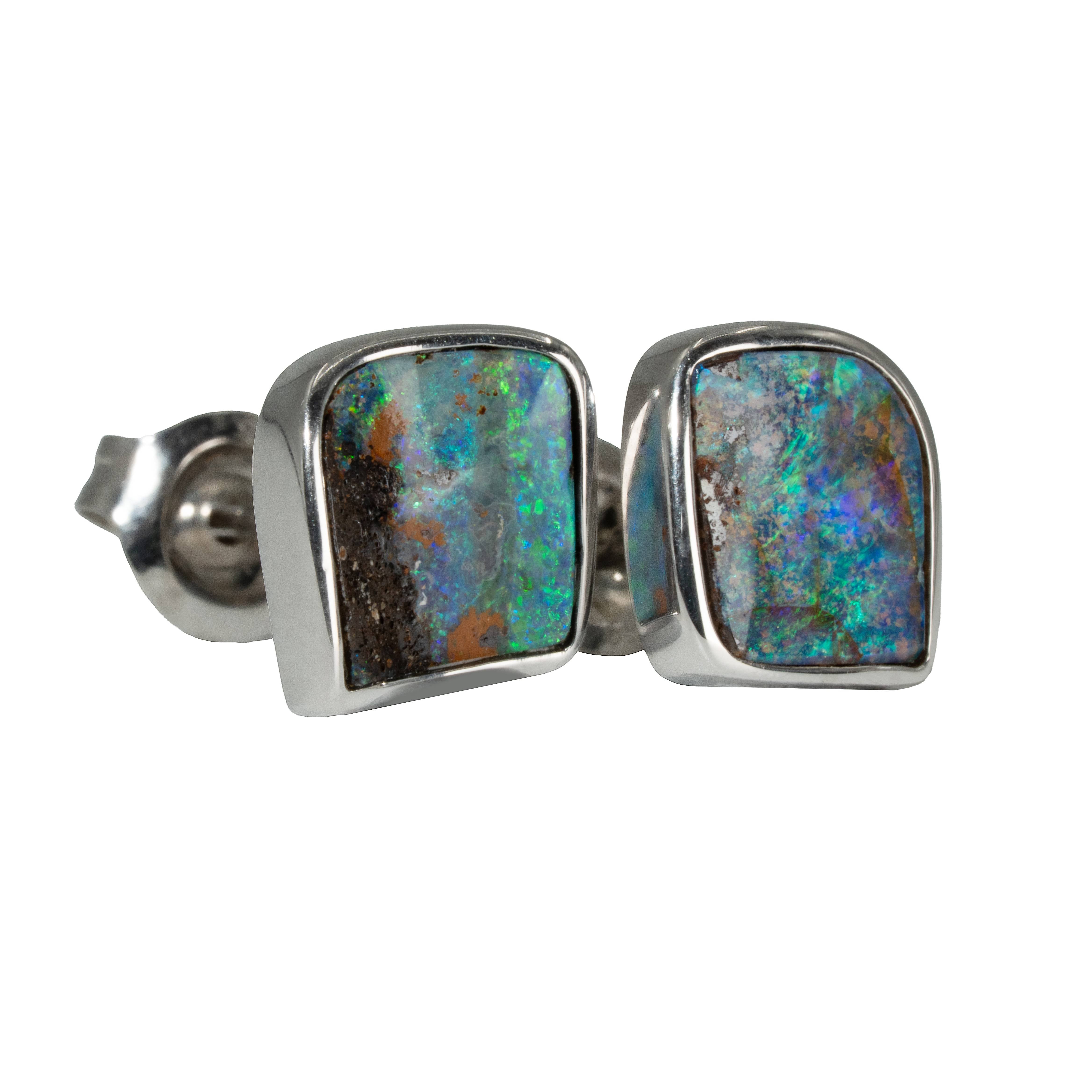 Boulder Opal Earrings in 14K White Gold - Green-Blue
