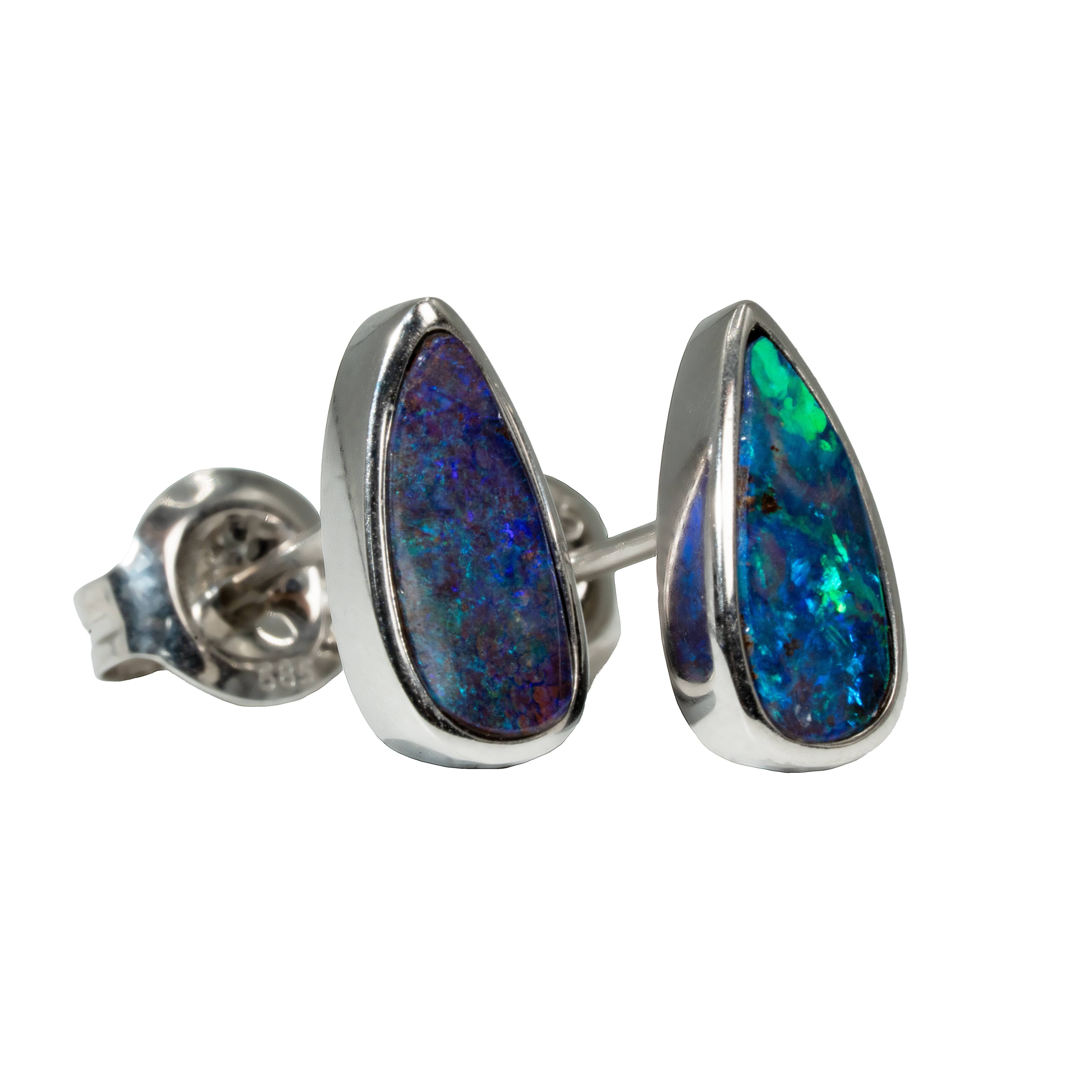 Boulder Opal Earrings in 14K White Gold - Green-Blue