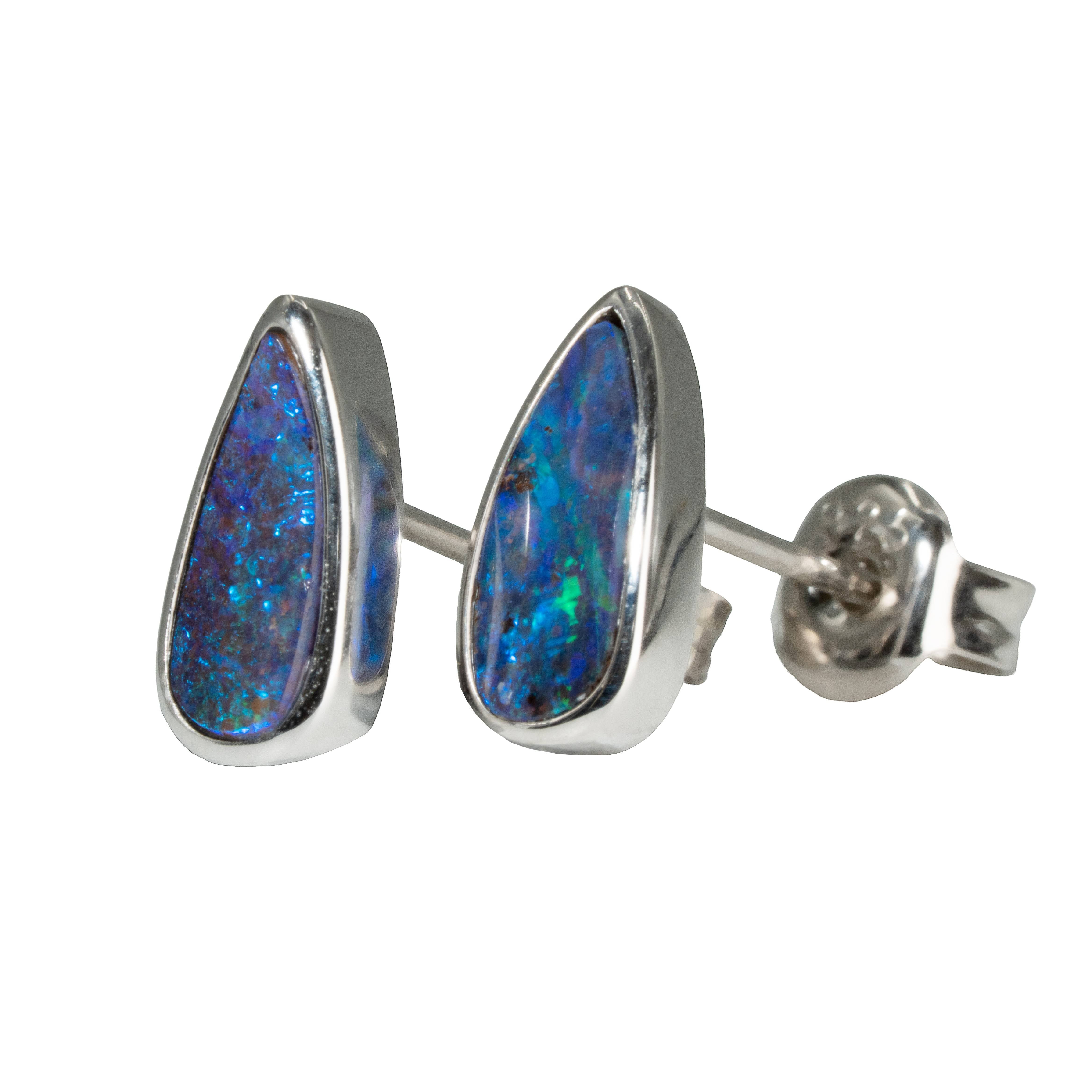 Boulder Opal Earrings in 14K White Gold - Green-Blue