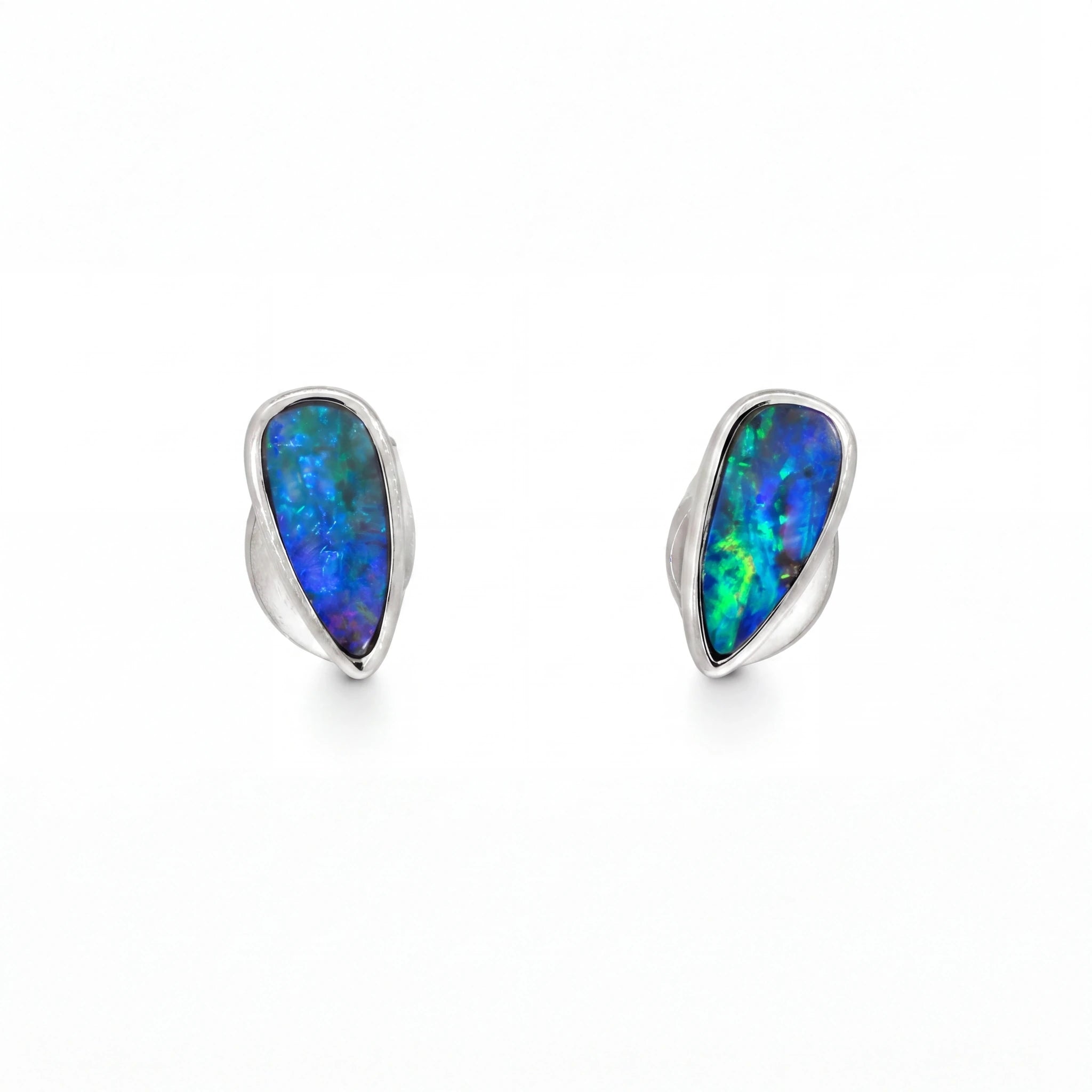 Boulder Opal Earrings in 14K White Gold - Green-Blue - Australian Opal Cutters and Pearl Divers