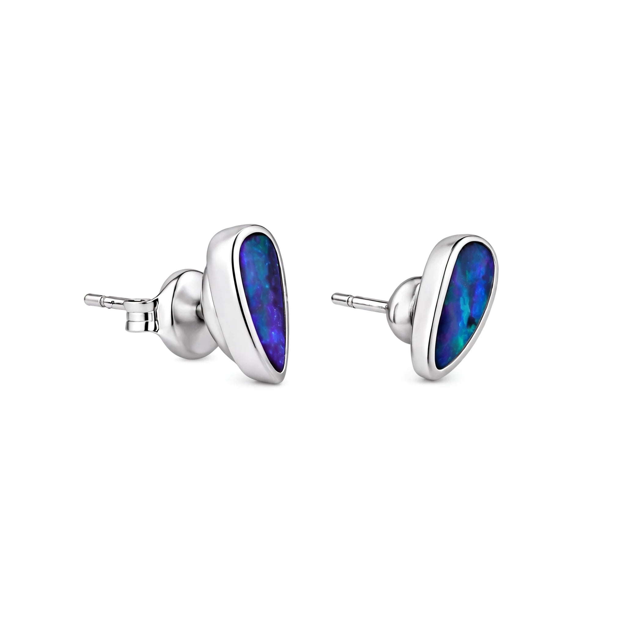 Boulder Opal Earrings in 14K White Gold - Green-Blue - Australian Opal Cutters and Pearl Divers