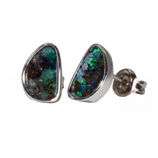 Boulder Opal Earrings in 14K White Gold - Green-Blue - Australian Opal Cutters and Pearl Divers