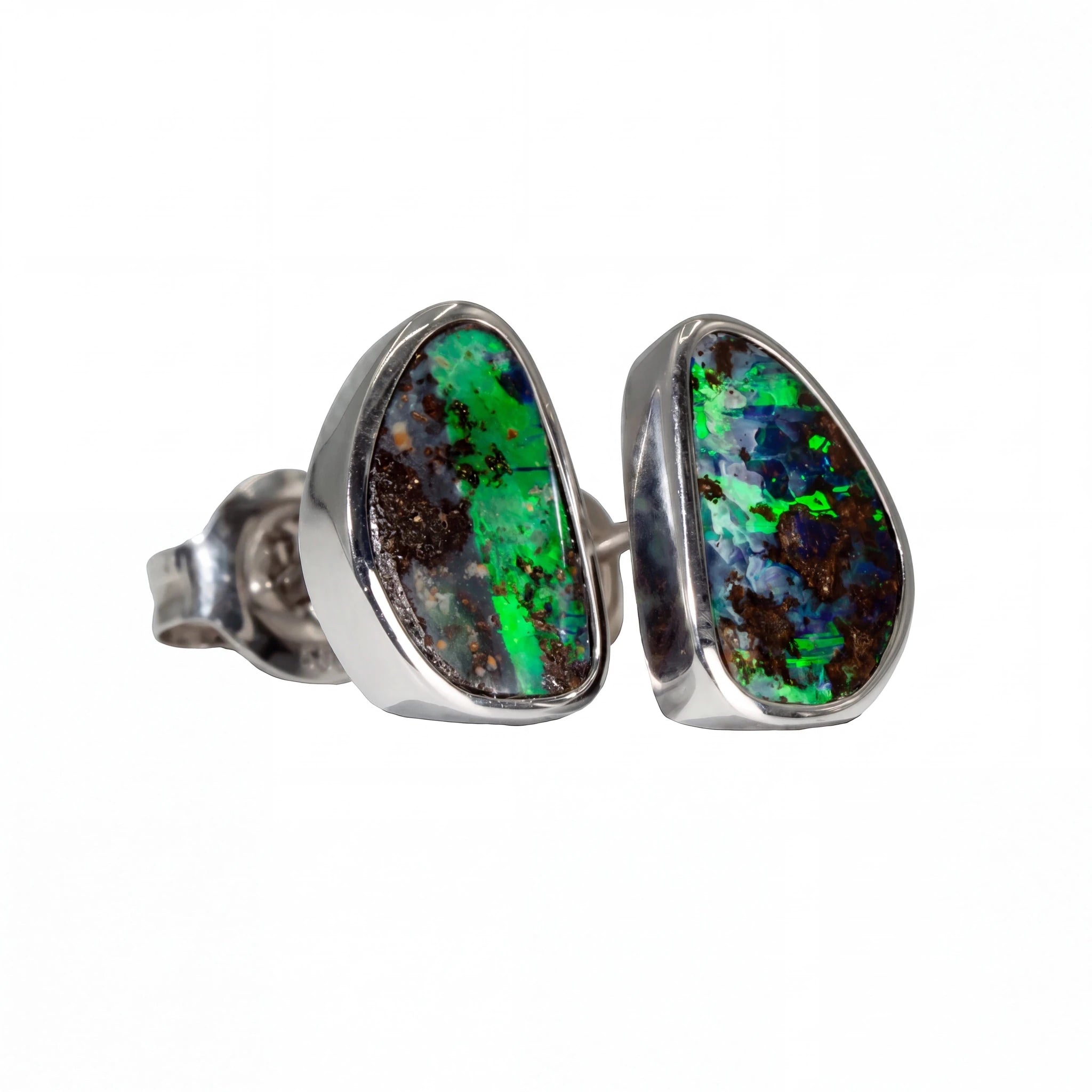 Boulder Opal Earrings in 14K White Gold - Green-Blue - Australian Opal Cutters and Pearl Divers