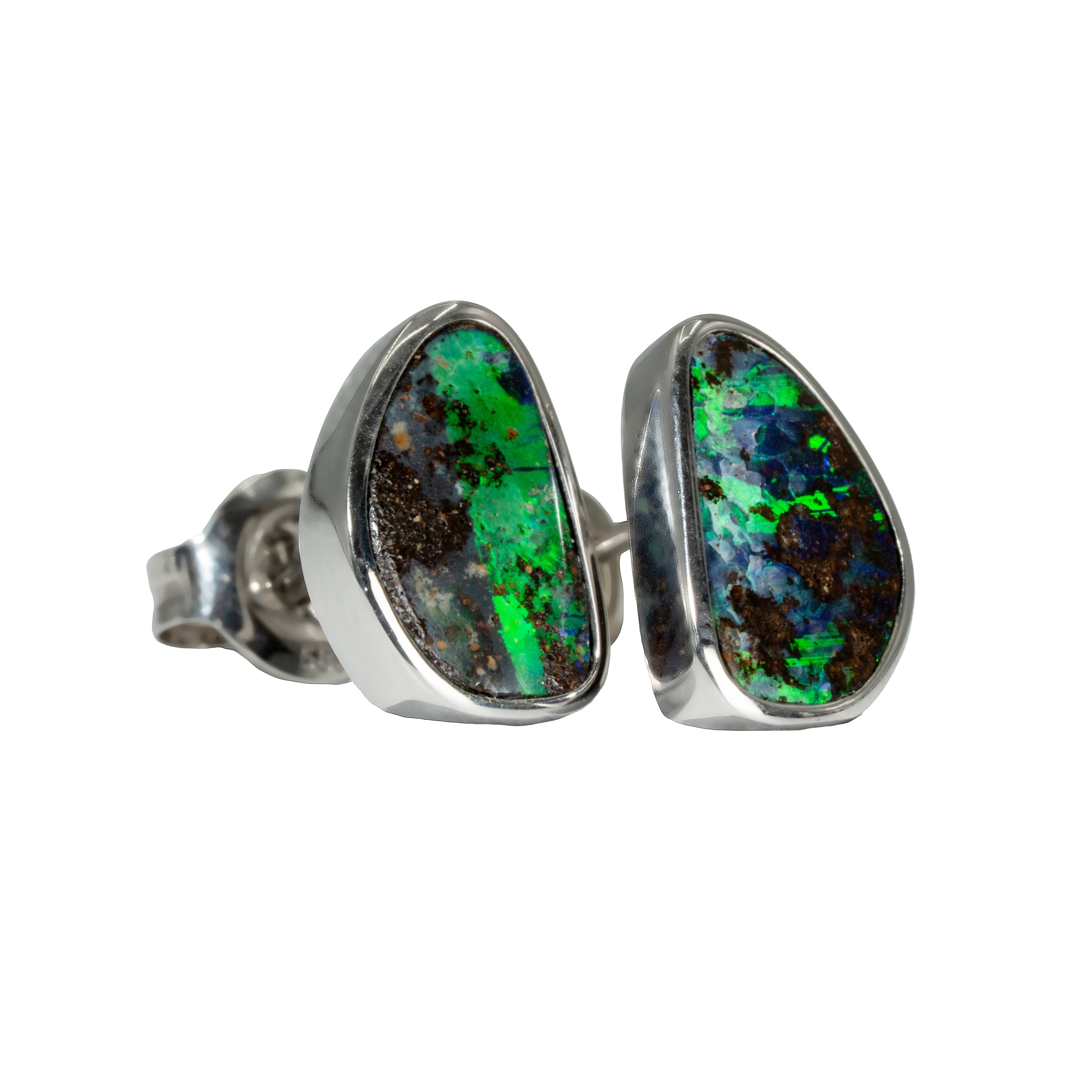 Boulder Opal Earrings in 14K White Gold - Green-Blue
