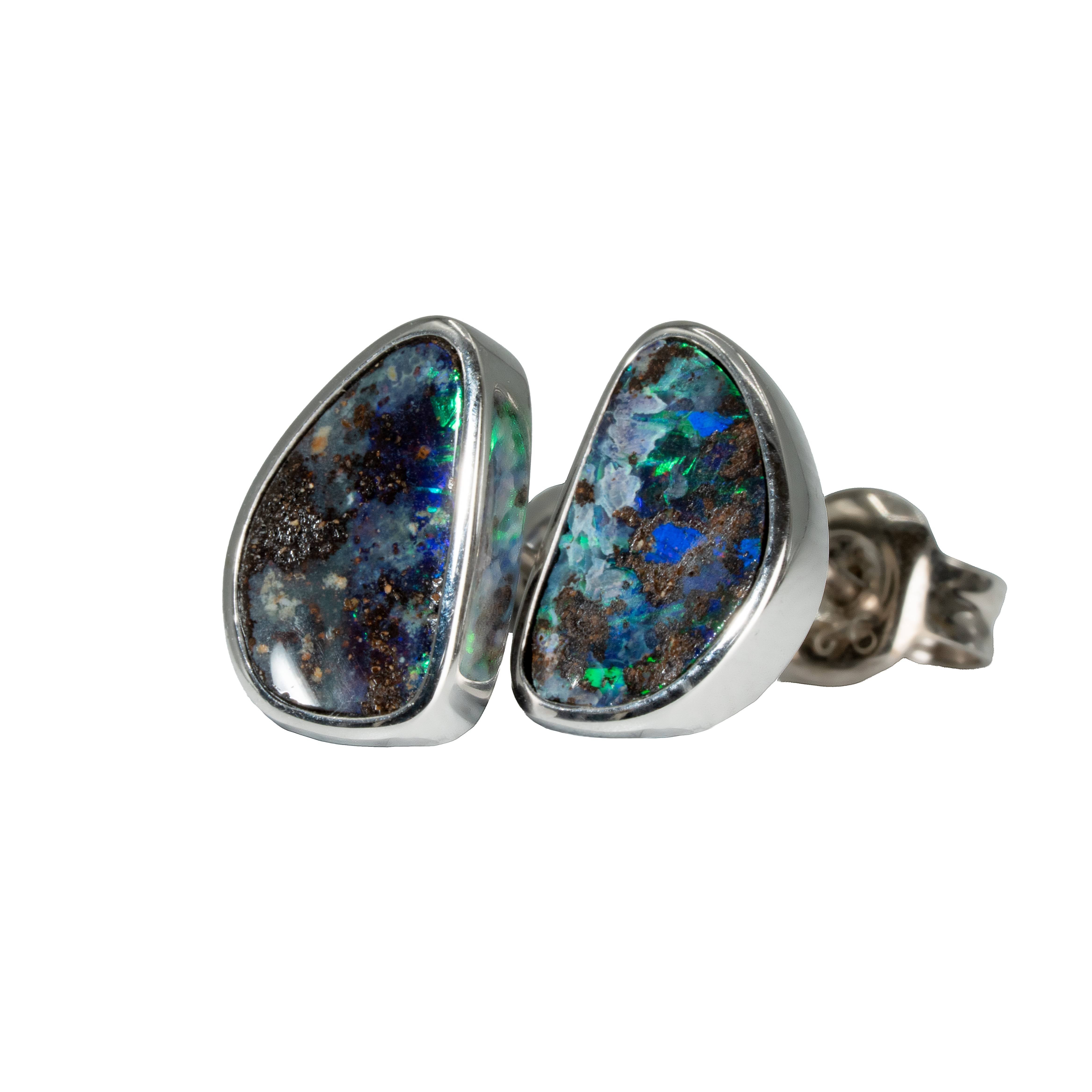 Boulder Opal Earrings in 14K White Gold - Green-Blue