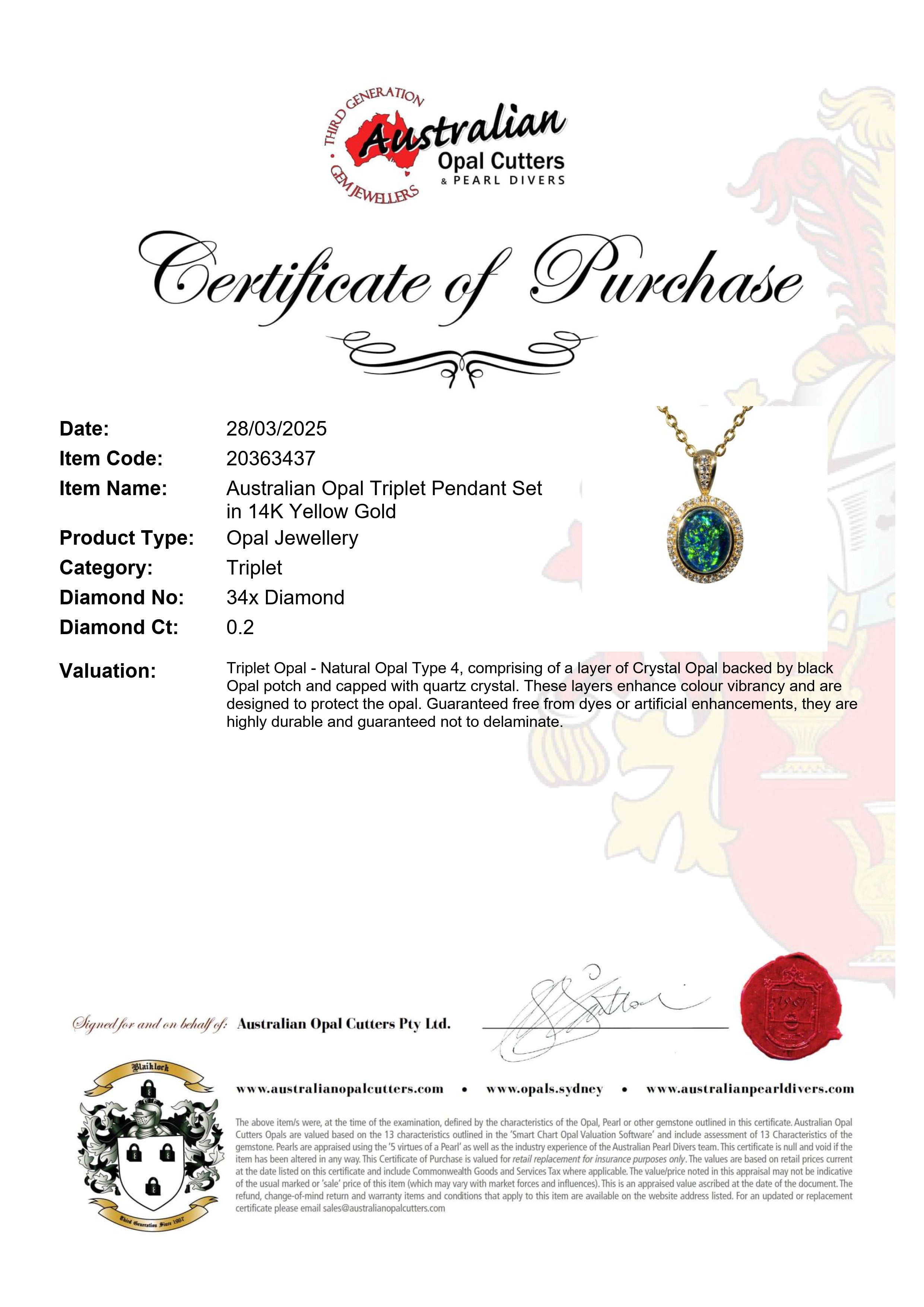 Triplet Opal Pendant in 14K Yellow Gold - Green-Blue