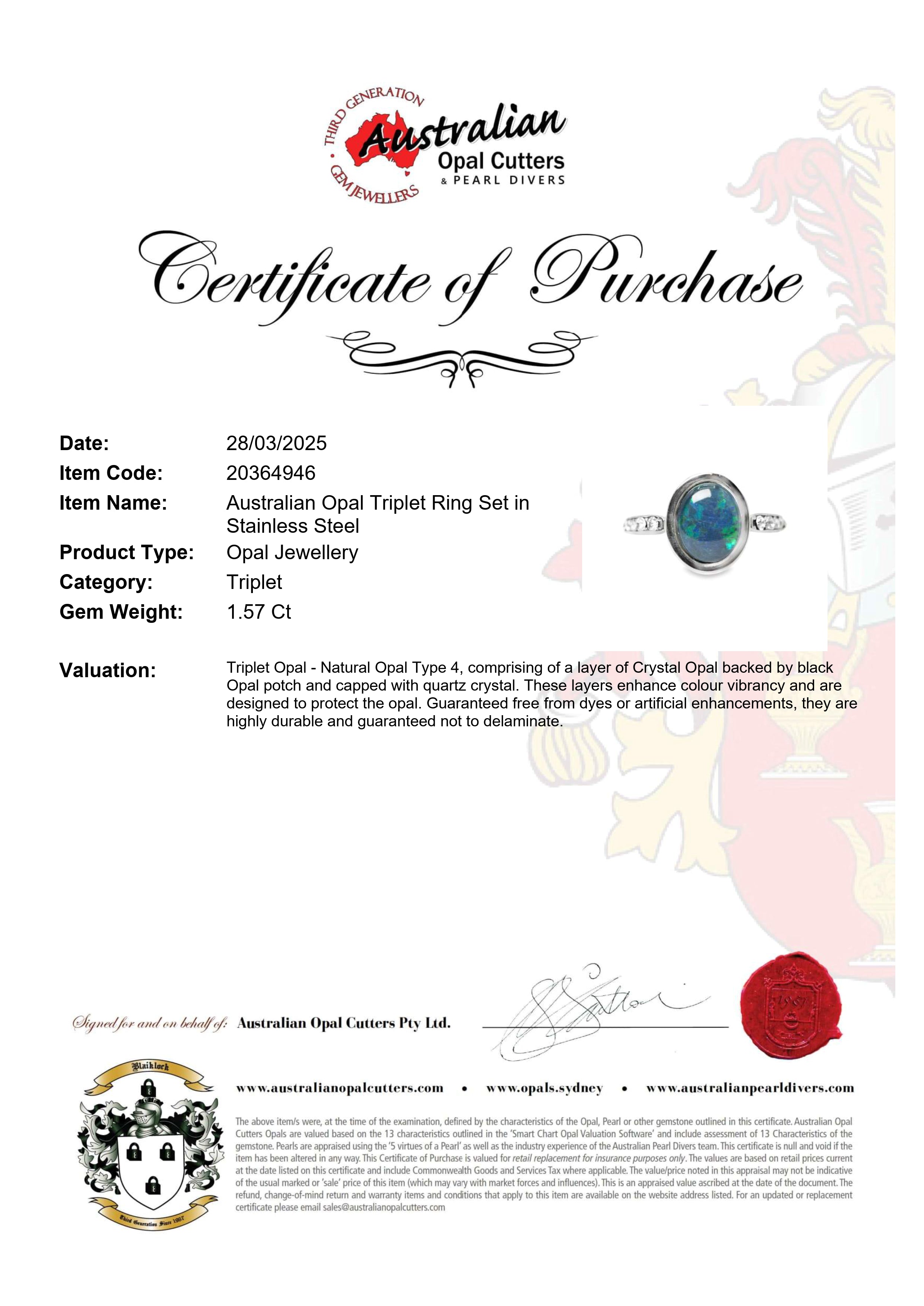 Triplet Opal Ring in Stainless Steel - Green-Blue