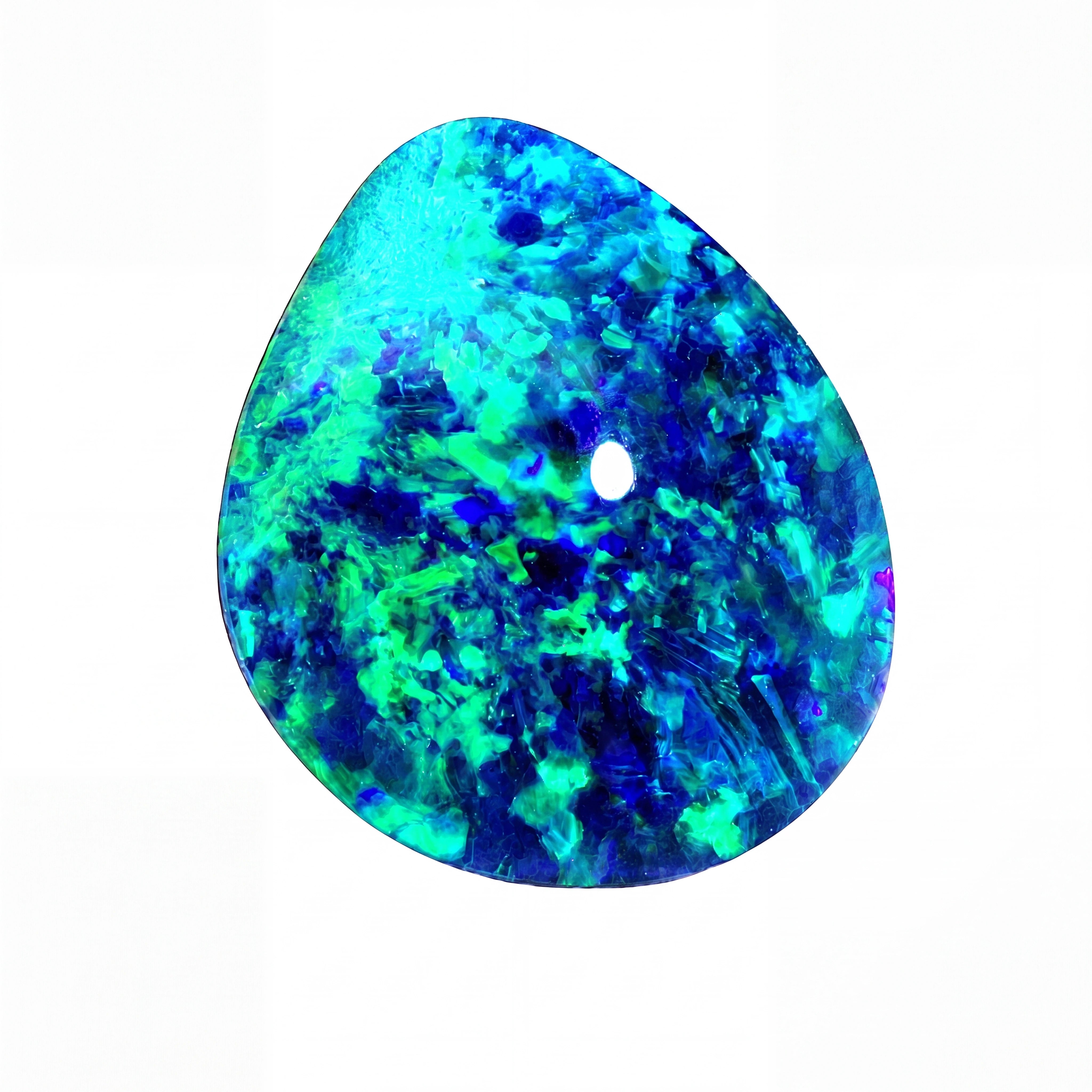 A teardrop-shaped iridescent gemstone cabochon with a hole, showcasing vibrant blue, green, and turquoise colours, isolated on a white background.