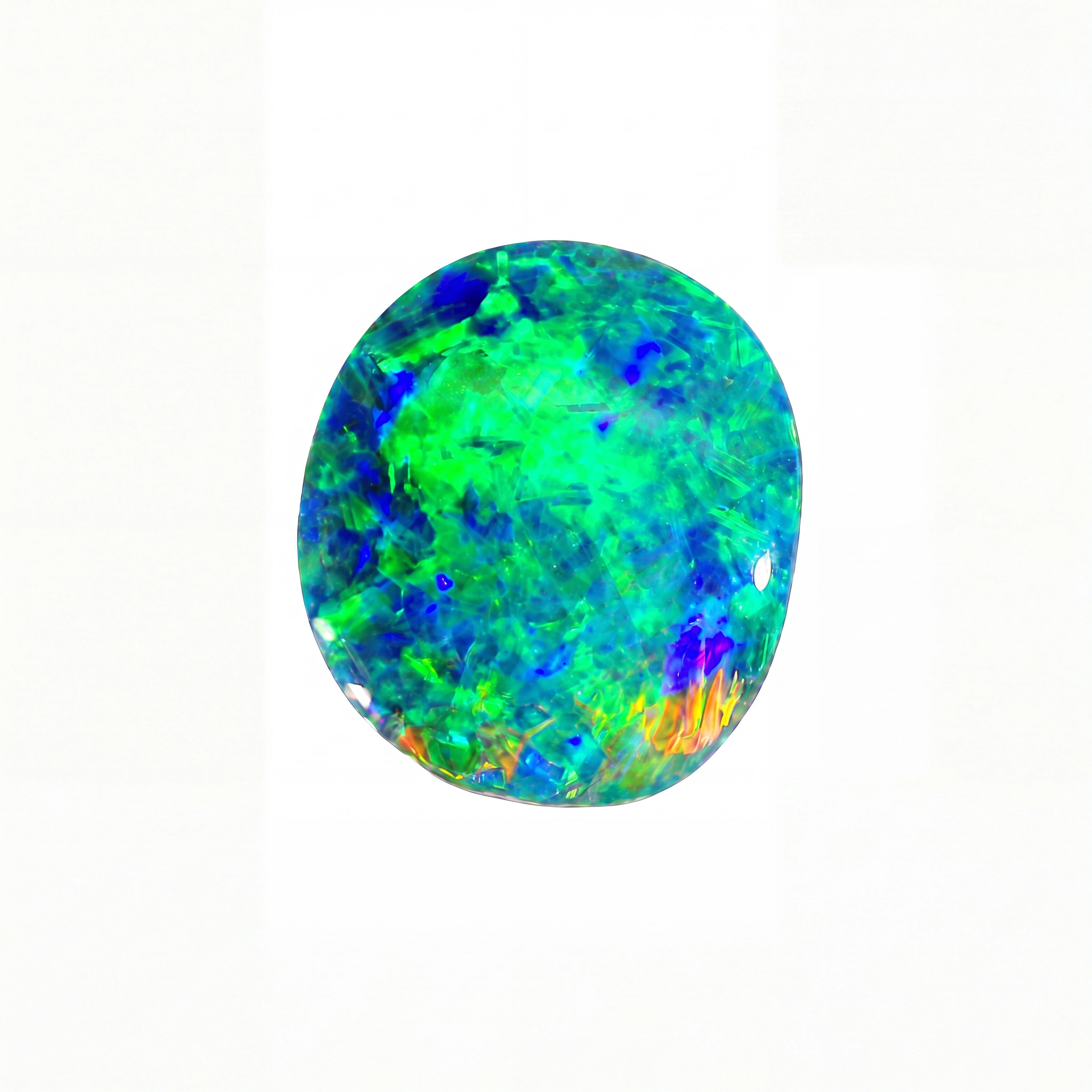 A round cabochon-cut opal gemstone displaying vibrant, shifting colours of green, blue, purple, and orange on a solid white background.