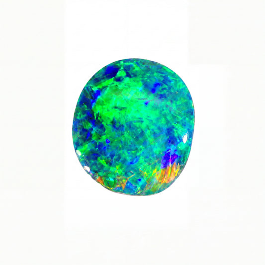 A round cabochon-cut opal gemstone displaying vibrant, shifting colours of green, blue, purple, and orange on a solid white background.