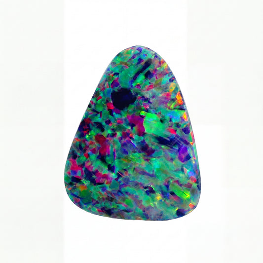 A triangular opal gemstone displaying a vibrant multicolour play-of-colour with flashes of green, blue, purple, red, and yellow on a solid black background.