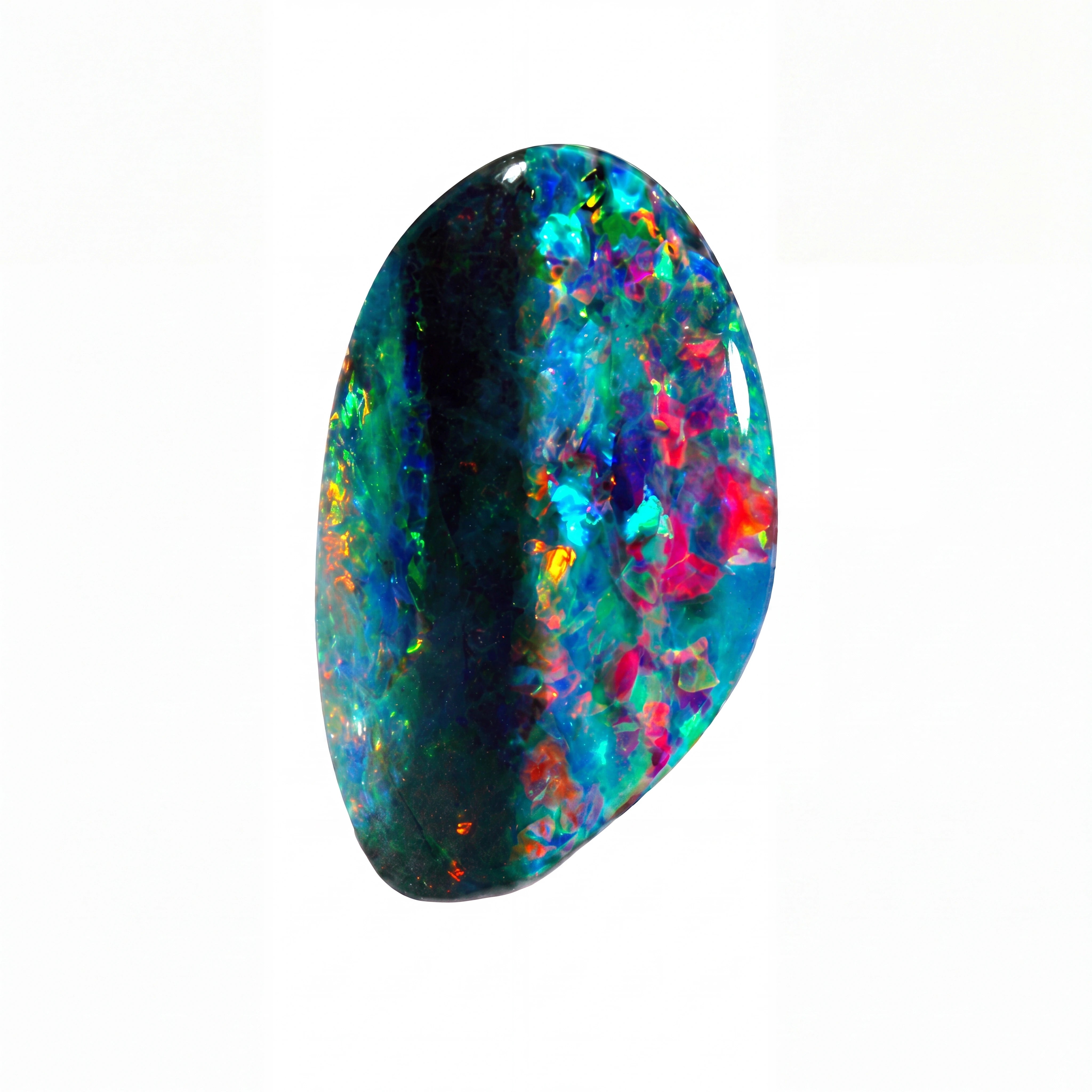 A polished oval-shaped black opal gemstone displaying vibrant iridescent flashes of blue, green, pink, orange, and purple on a solid white background.