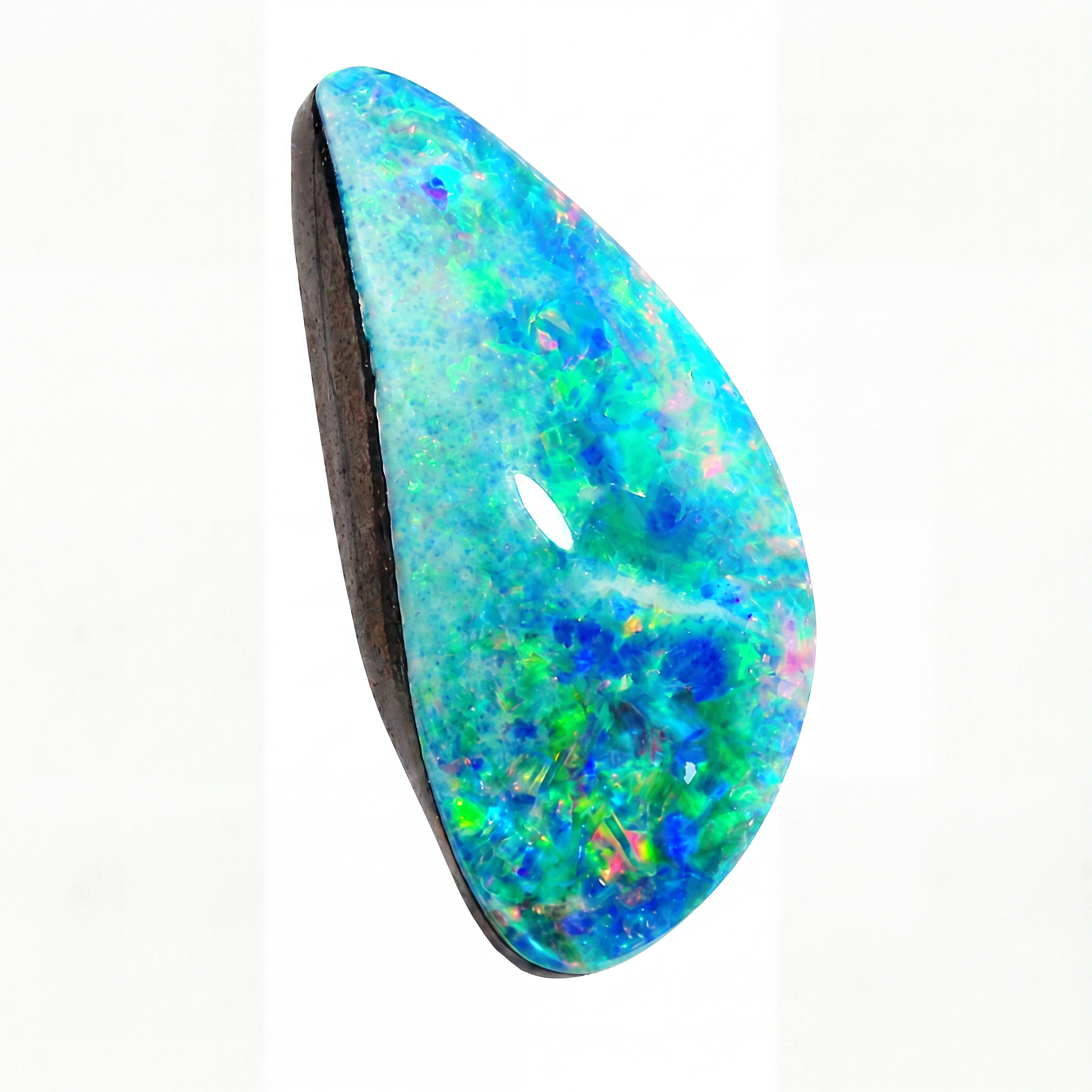 A teardrop-shaped natural opal gemstone cabochon with a dark brown backing, showcasing vibrant blue, green, and white play-of-colour, set against a plain white background.