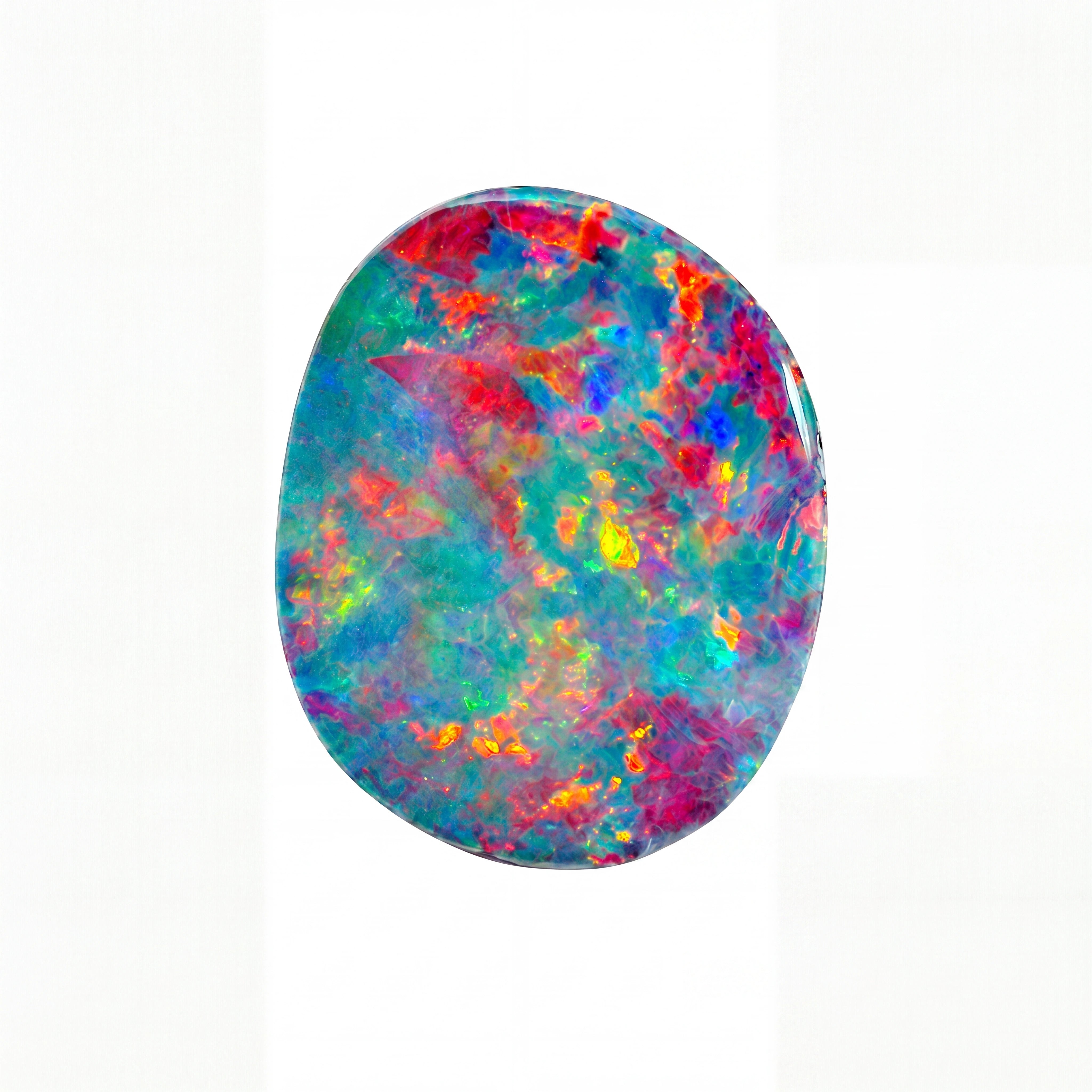 A polished oval cabochon gemstone displaying a vibrant, multicoloured play-of-colour pattern with blue, orange, red, yellow, and green hues, set against a solid black background.