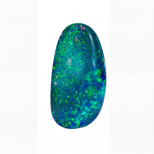 A polished oval cabochon gemstone with a blue-grey base and vivid green, blue, and hints of gold flashes, displayed against a solid black background.