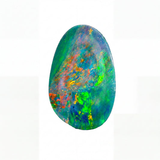 A polished oval cabochon opal gemstone displaying vibrant iridescent flashes of green, blue, orange, and red against a deep black background.