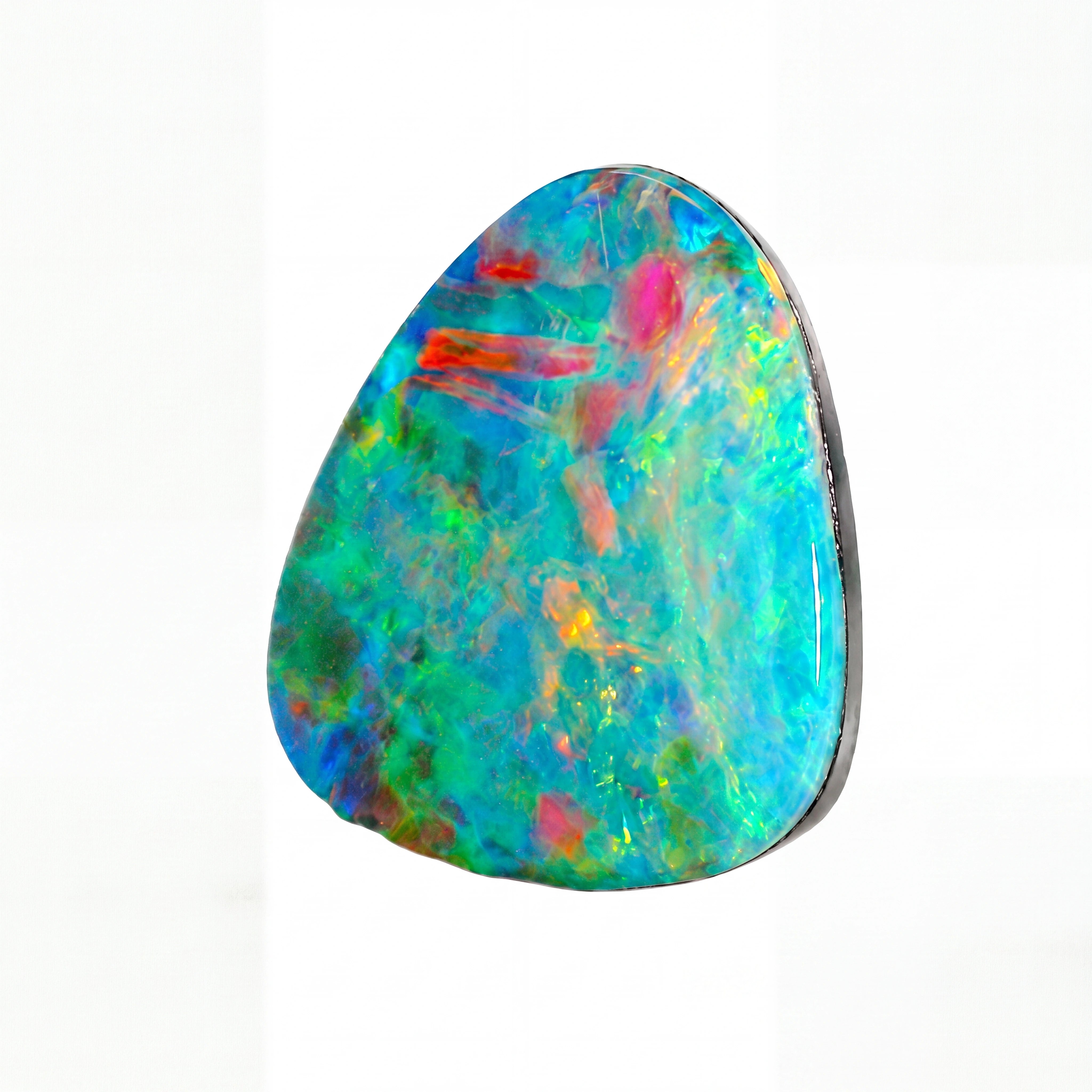 A polished teardrop-shaped opal gemstone with vibrant iridescent colours including blue, green, orange, pink, and yellow, set in a silver-toned bezel on a white background.