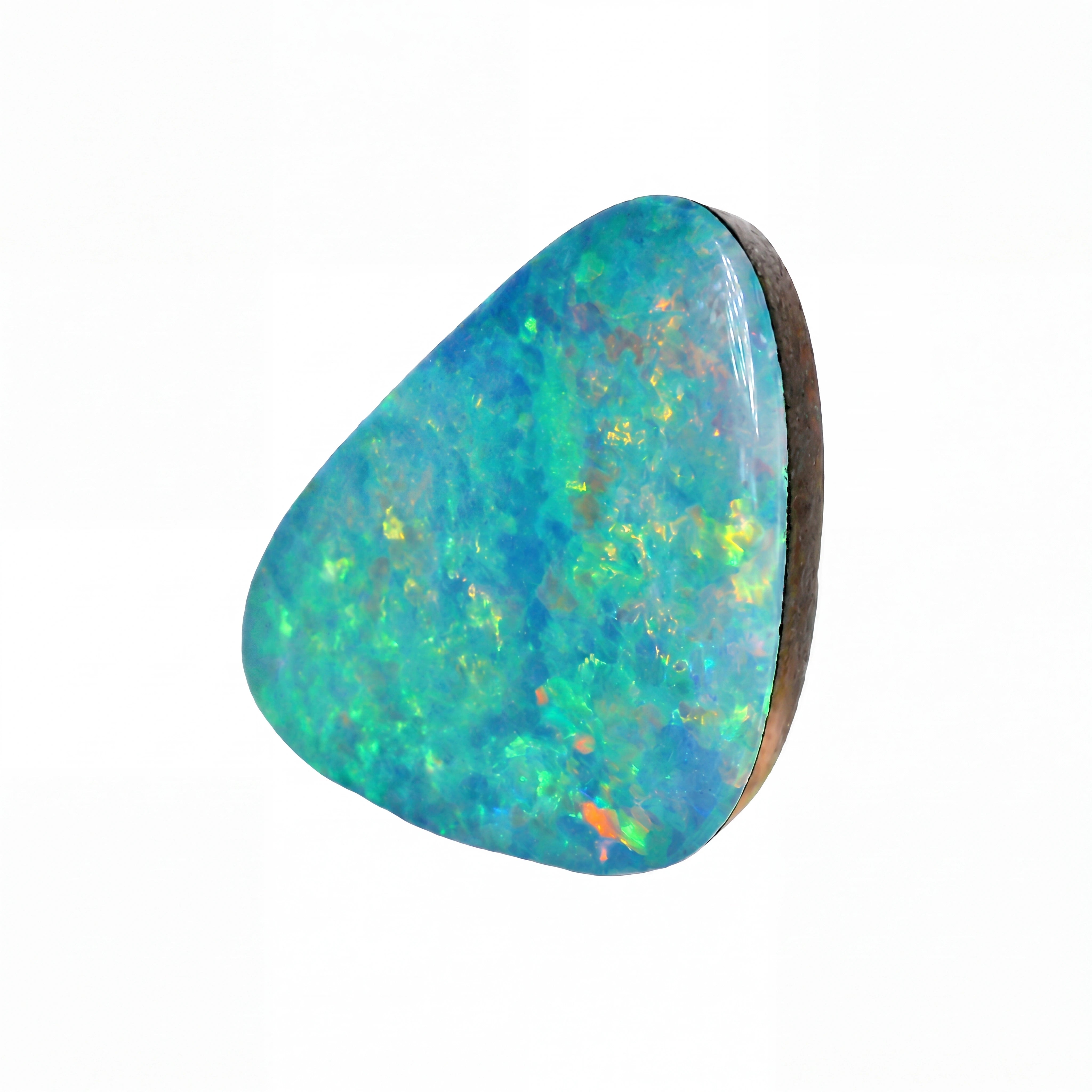 A polished teardrop-shaped opal gemstone with vibrant blue, green, and orange flashes, mounted on a dark brown wood backing, shown against a plain white background.