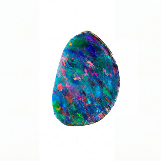 A raw, polished irregular-shaped opal gemstone displaying a vibrant play-of-colour with blue, green, pink, purple, and orange hues, isolated on a solid white background.
