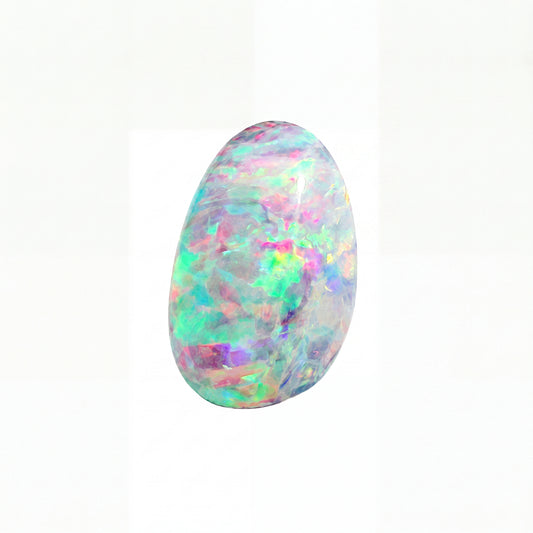 A polished cabochon opal gemstone displaying a vibrant play-of-colour with swirling patterns of pink, green, blue, purple, and white on a clean white background.